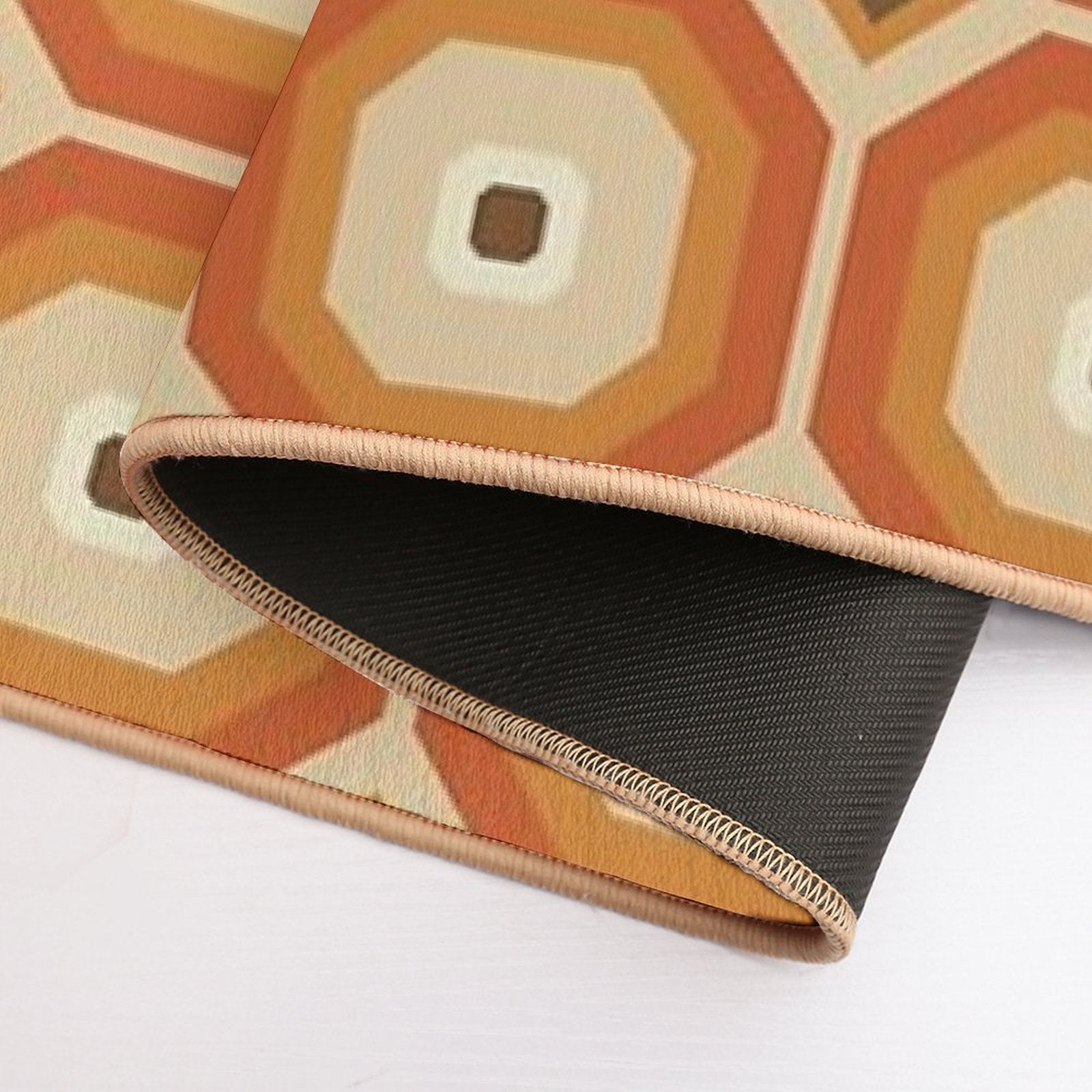 Brown, Orange And Ivory Geometric Retro Octagon Pattern  Easy To Clean Bath Mat