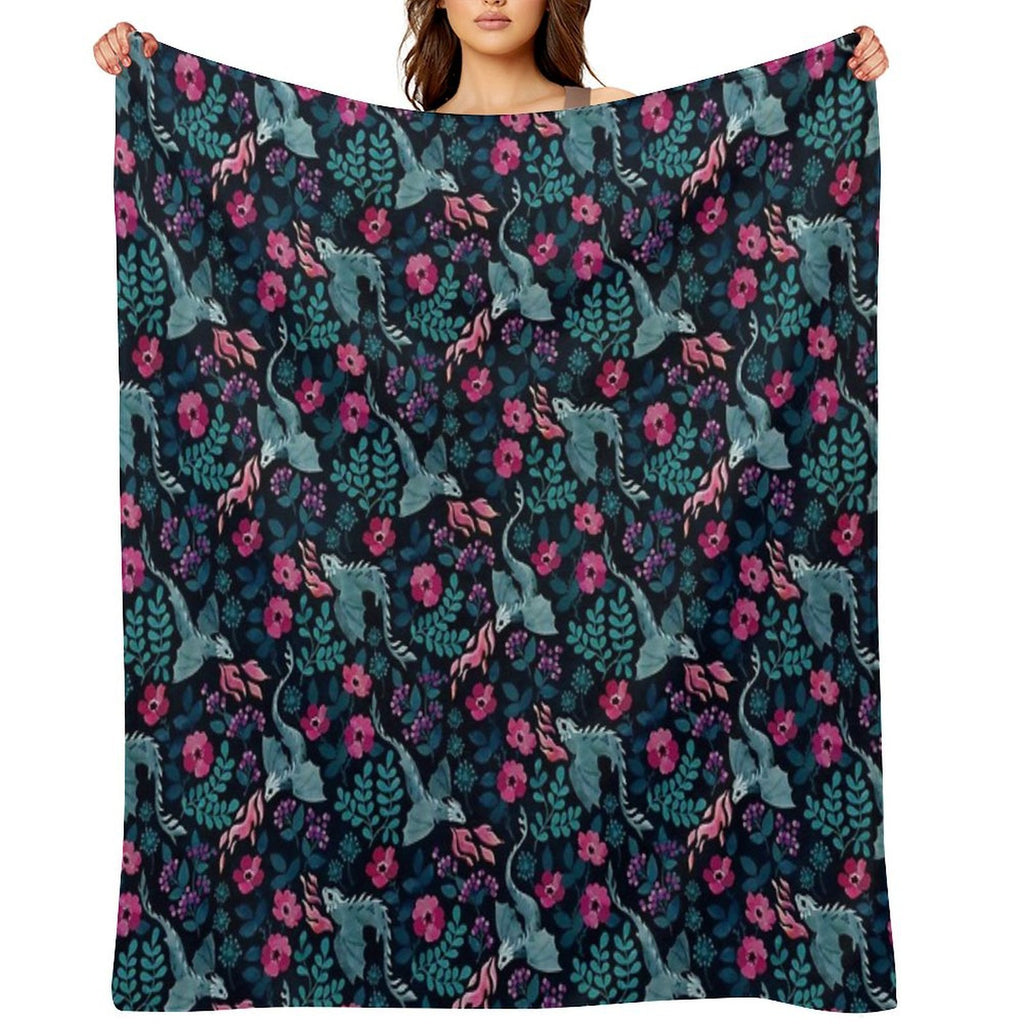Dragons Floral in Dark Jewel Tones Machine-washable Throw Blanket