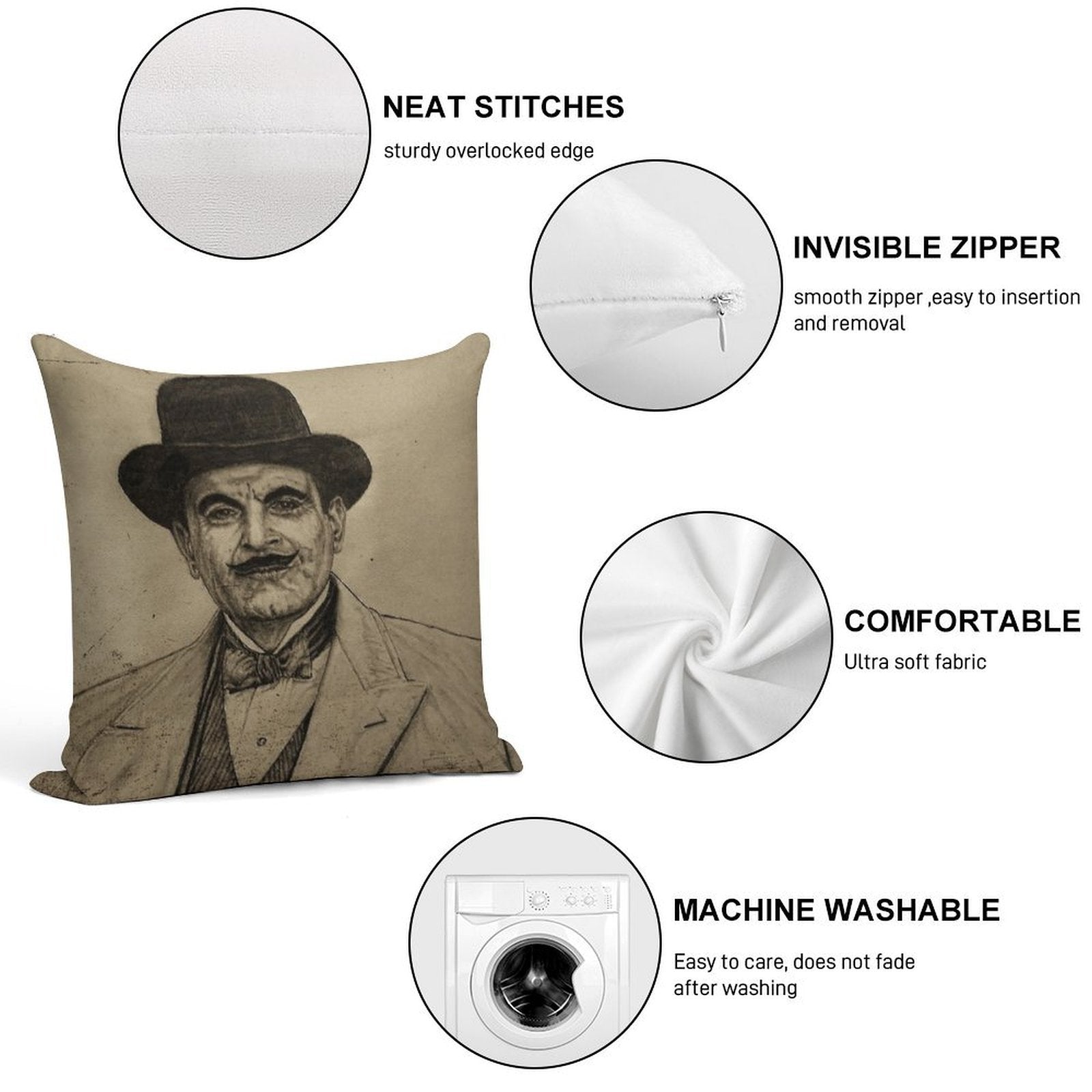 Hercule Poirot (David Suchet) Soft Fade-Resistant Throw Pillow