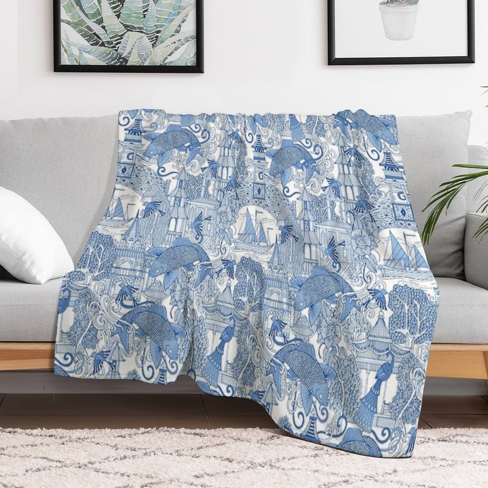 Chinoiserie Toile Blue Anti-pilling Throw Blanket