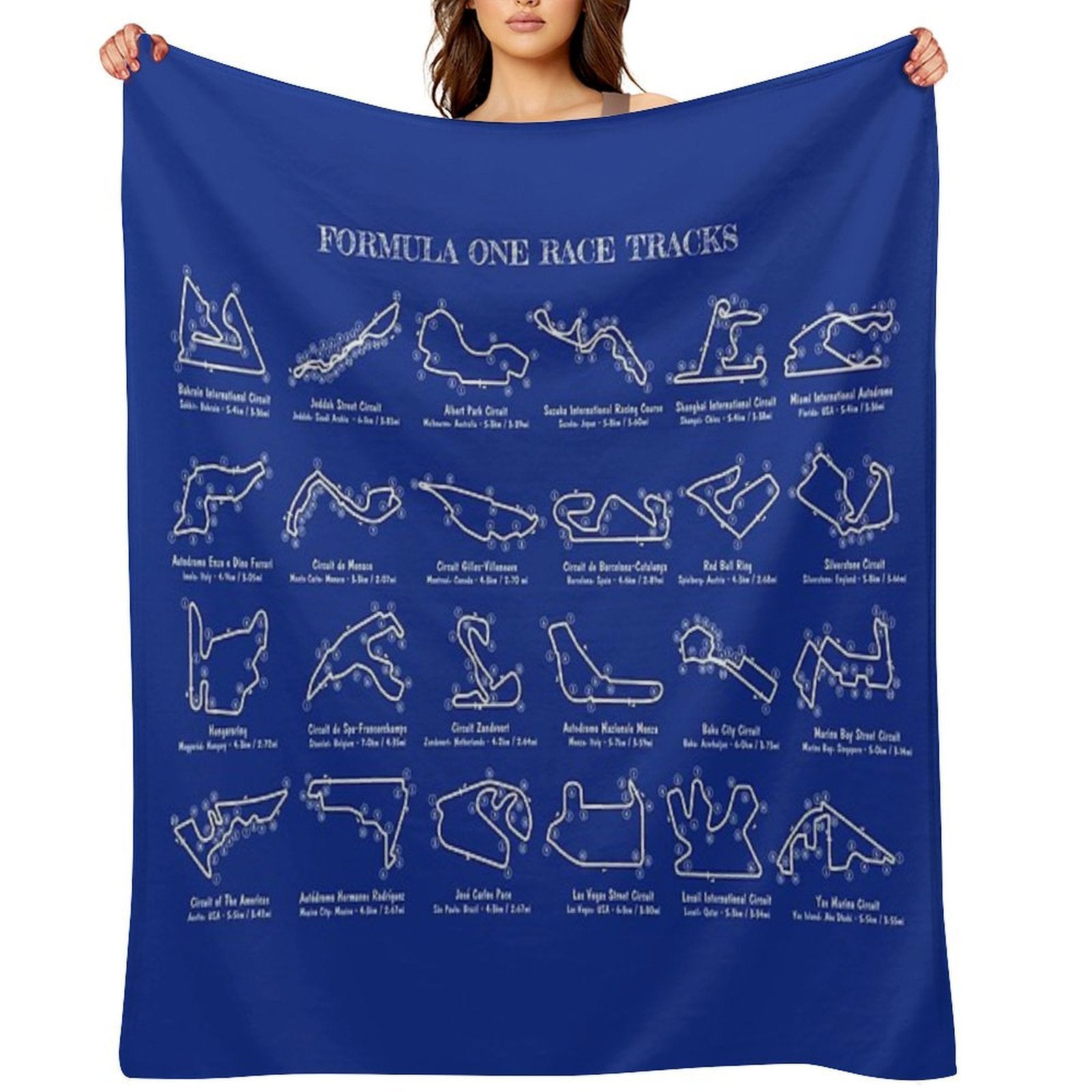 F1 Race Tracks  (White Stencil-No Background) Plush Throw Blanket