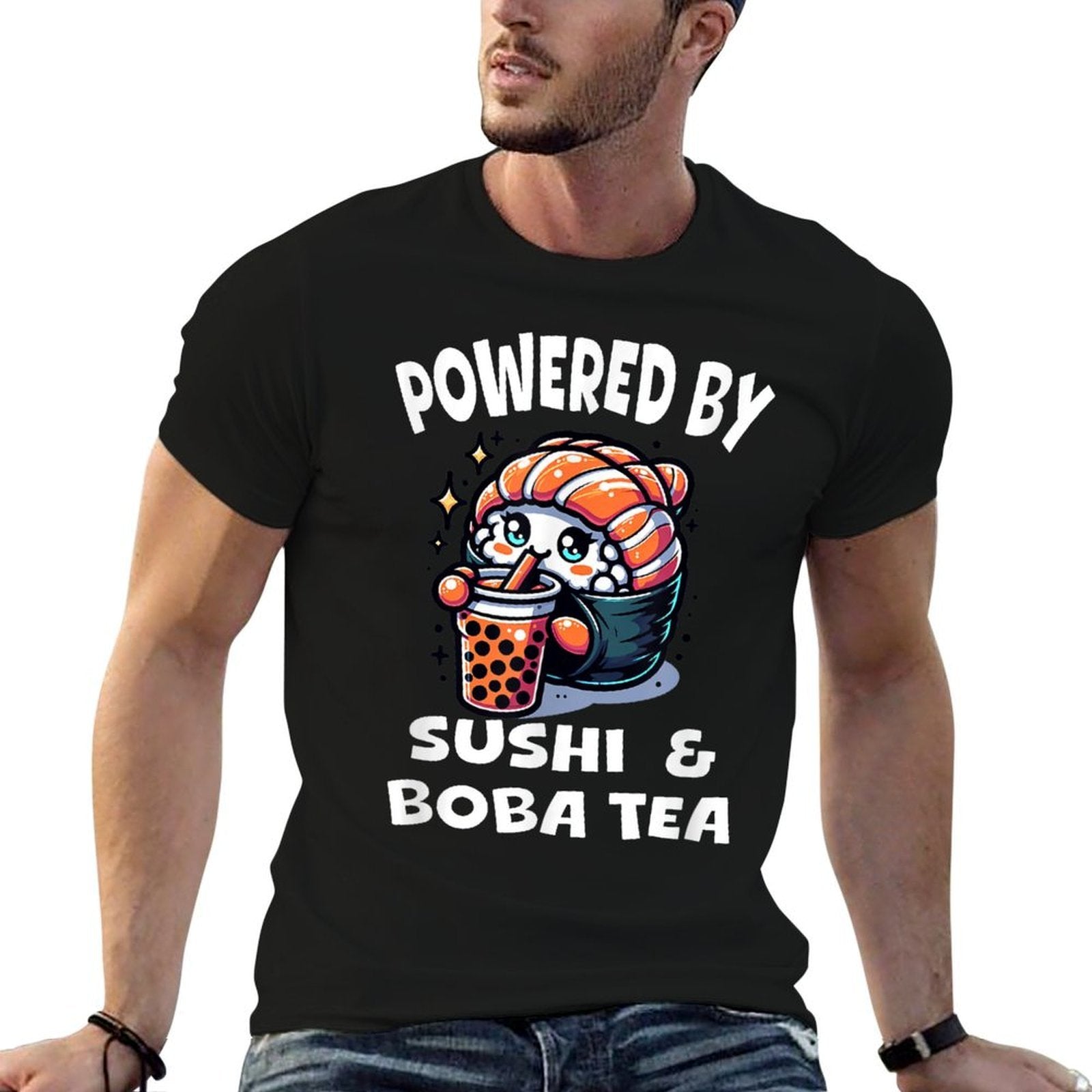 Powered By Sushi And Boba Tea Kawaii Japanese Food Anime  Wrinkle-resistant T-Shirt