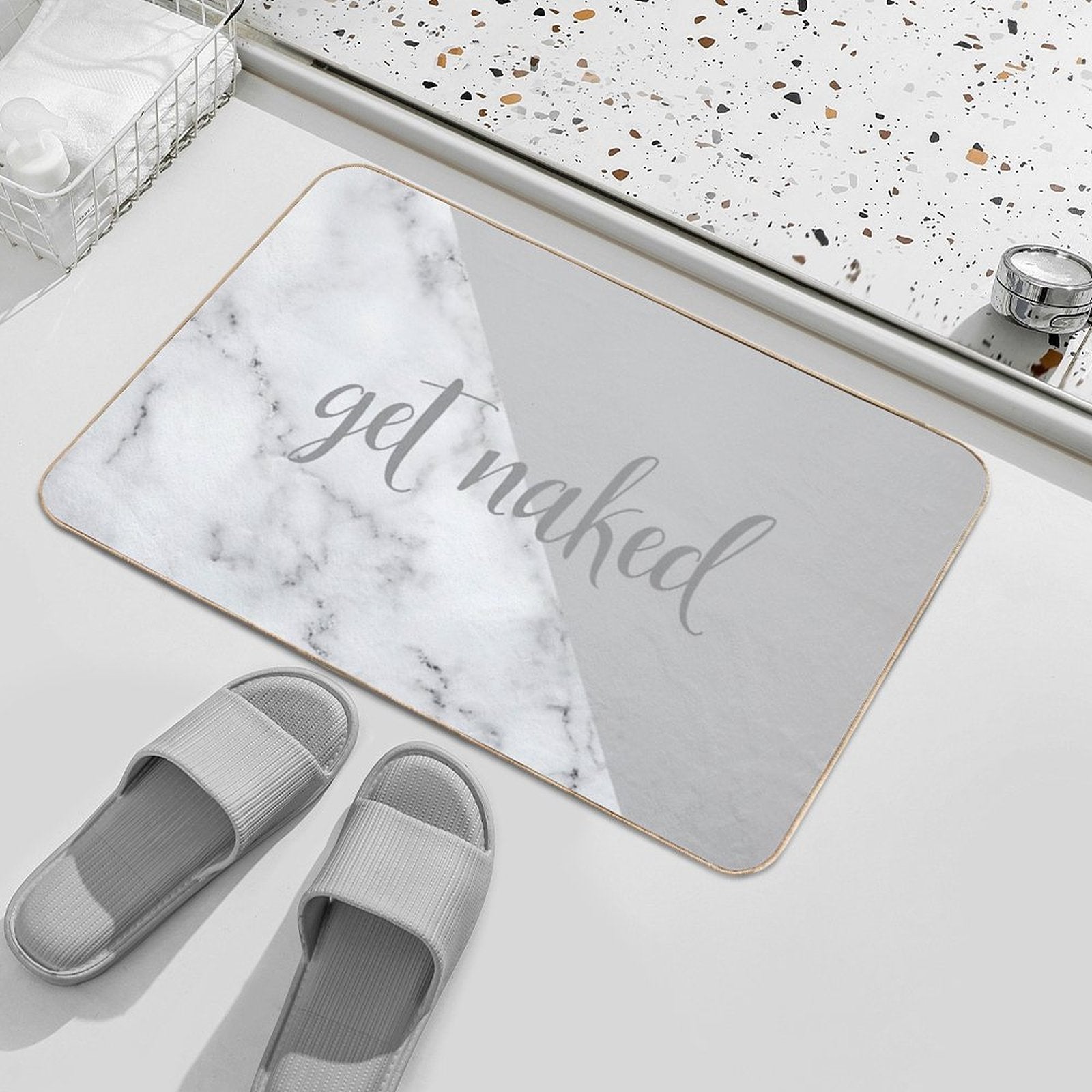 Get Naked Bathroom And Bedroom Quote, Grey, White, Marble  Multi-Purpose Bath Mat