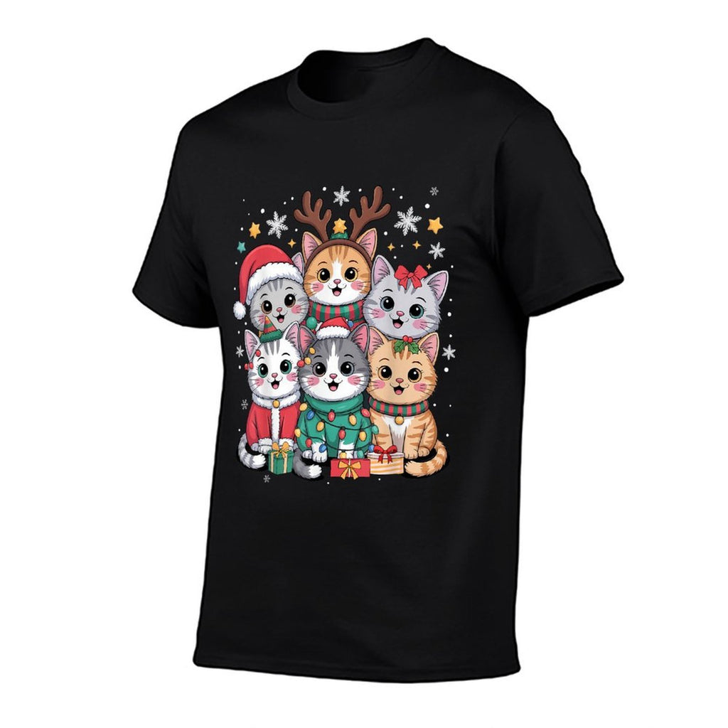 Cat Christmas Men Women Kids Santa Reindeer Kitten Cat Xmas  Rolled Sleeves T-Shirt