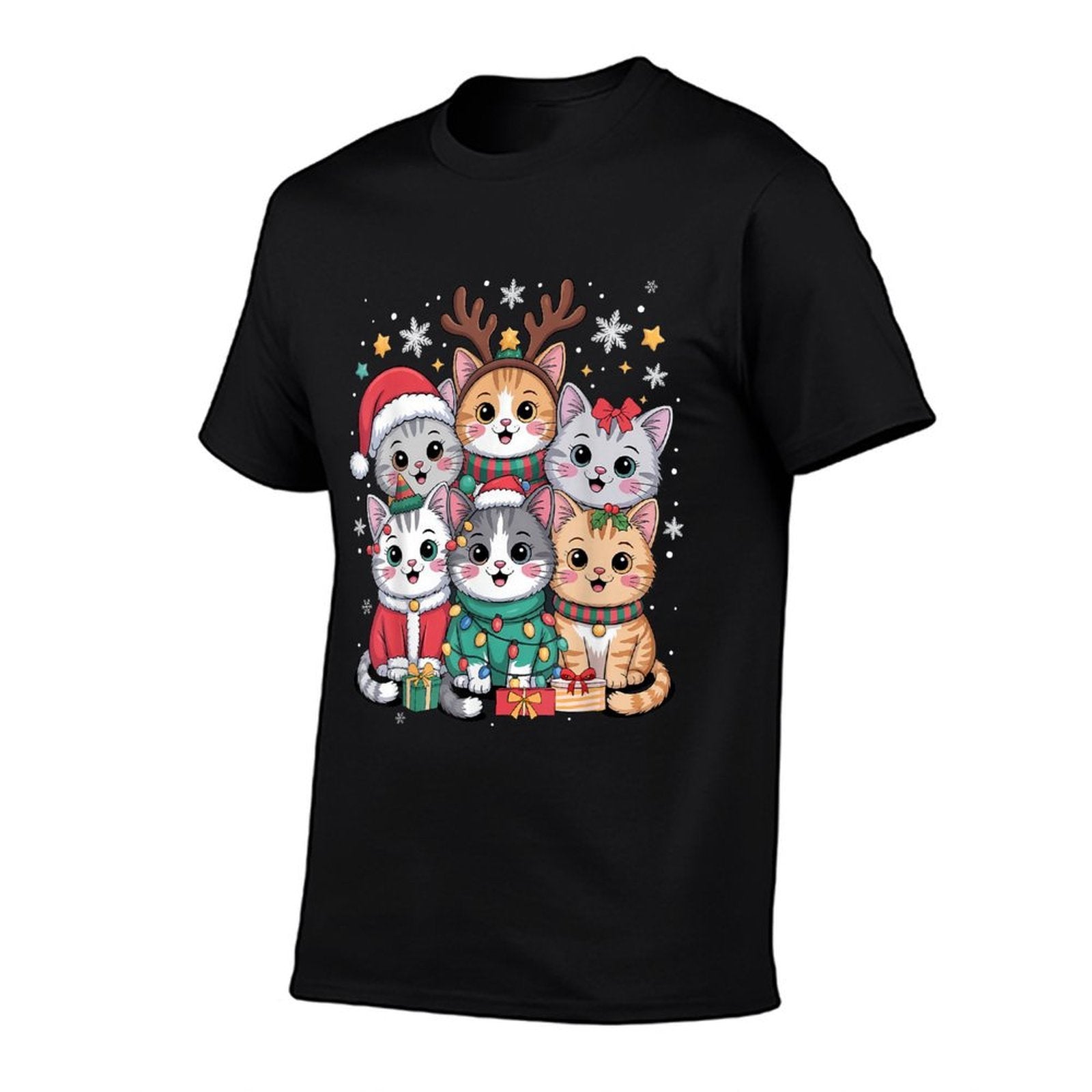 Cat Christmas Men Women Kids Santa Reindeer Kitten Cat Xmas  Rolled Sleeves T-Shirt