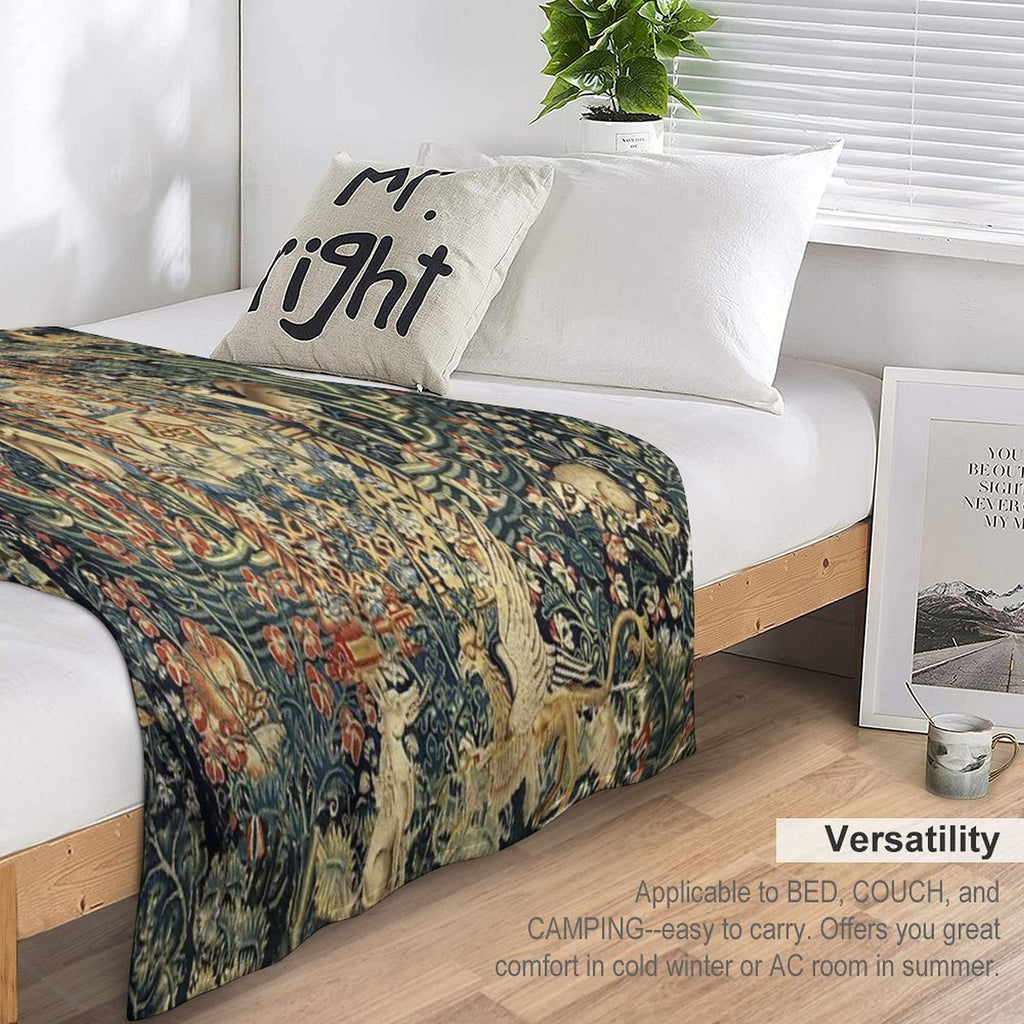 SOURCE OF LIFE Verdure with Forest Animals in Private Garden, Floral Medieval Tapesty Shrink-resistant Throw Blanket