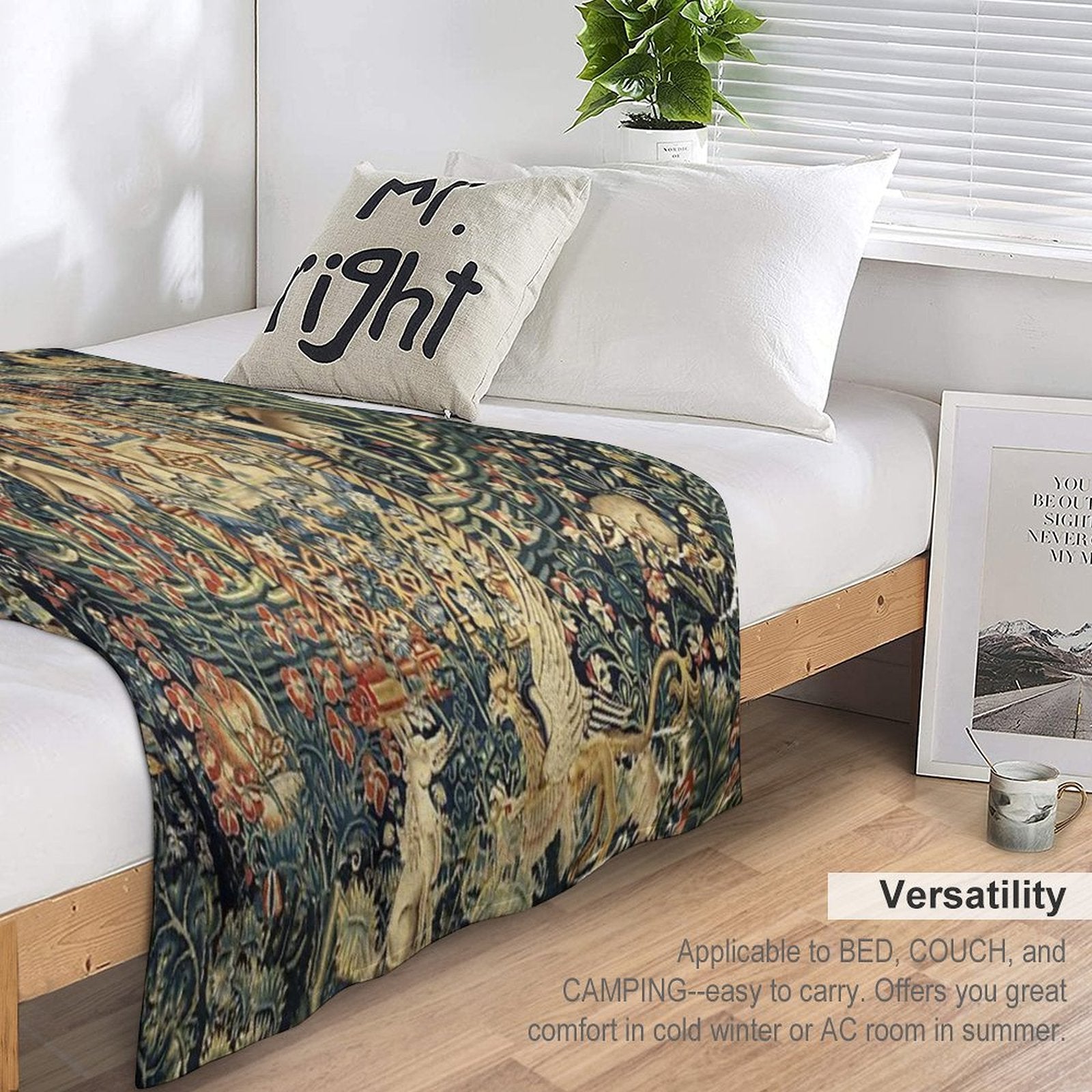 SOURCE OF LIFE Verdure with Forest Animals in Private Garden, Floral Medieval Tapesty Shrink-resistant Throw Blanket