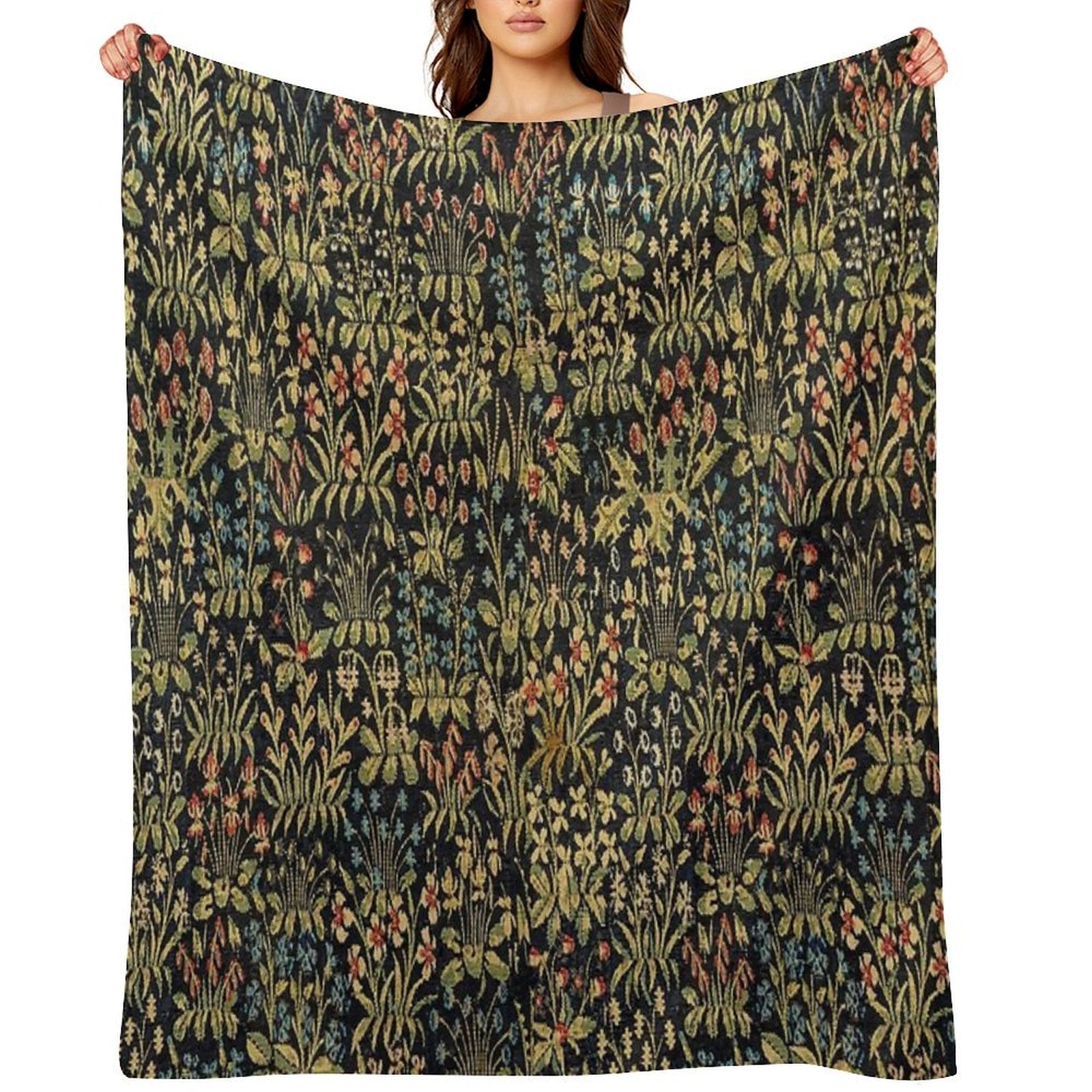 Medieval Gothic Fantasy Flowers Tapestry Floral Pattern Quick-dry Throw Blanket
