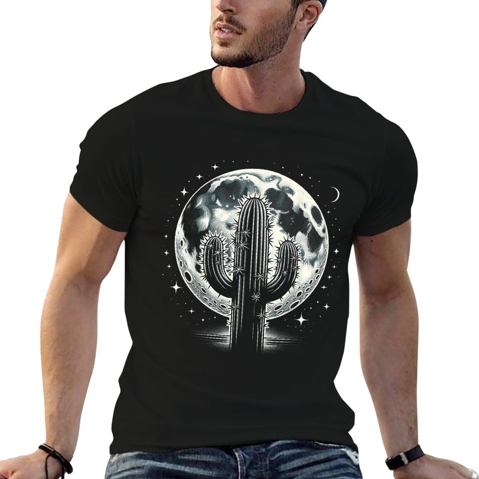Lunar Cactus Night - Full Moon Desert Landscape  Relaxed-fit T-Shirt