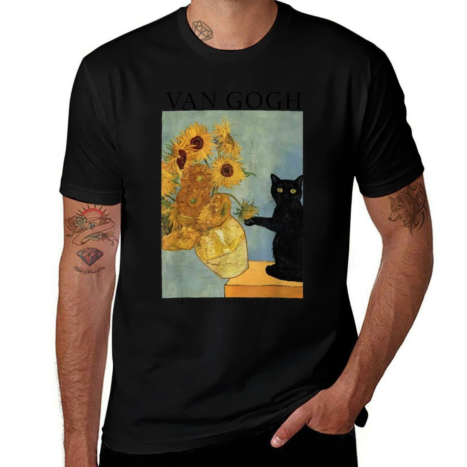 Van Gogh Black Cat With Sunflowers Funny Cat  Easy-care T-Shirt