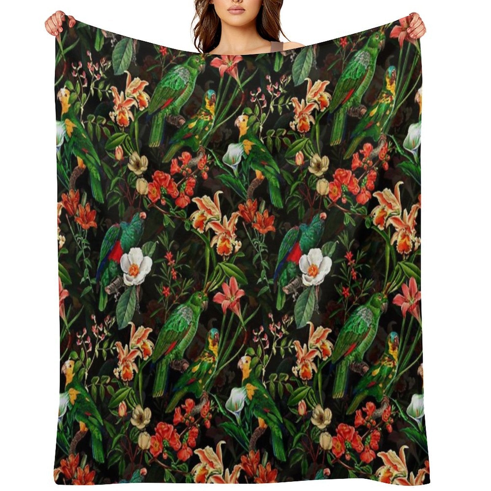 Pierre Joseph Redoute Tropical Vintage Jungle Flowers And Parrots Nostalgic Mystic Botanical Night Garden Pattern Nightgarden Anti-pilling Throw Blanket