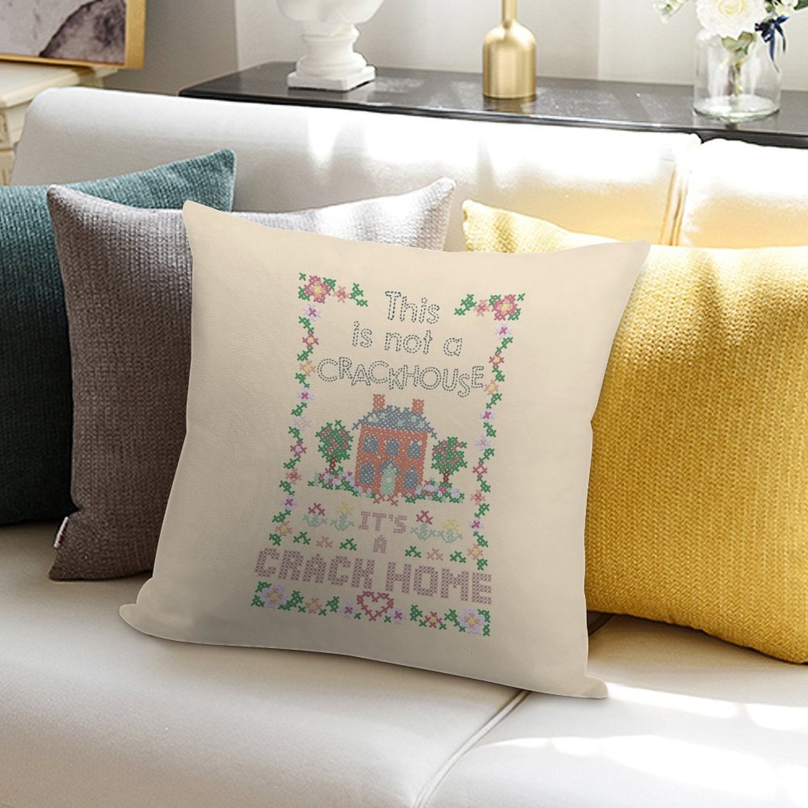 A Crack Home - Cross Stitch Embroidery Soft Luxury Feel Throw Pillow