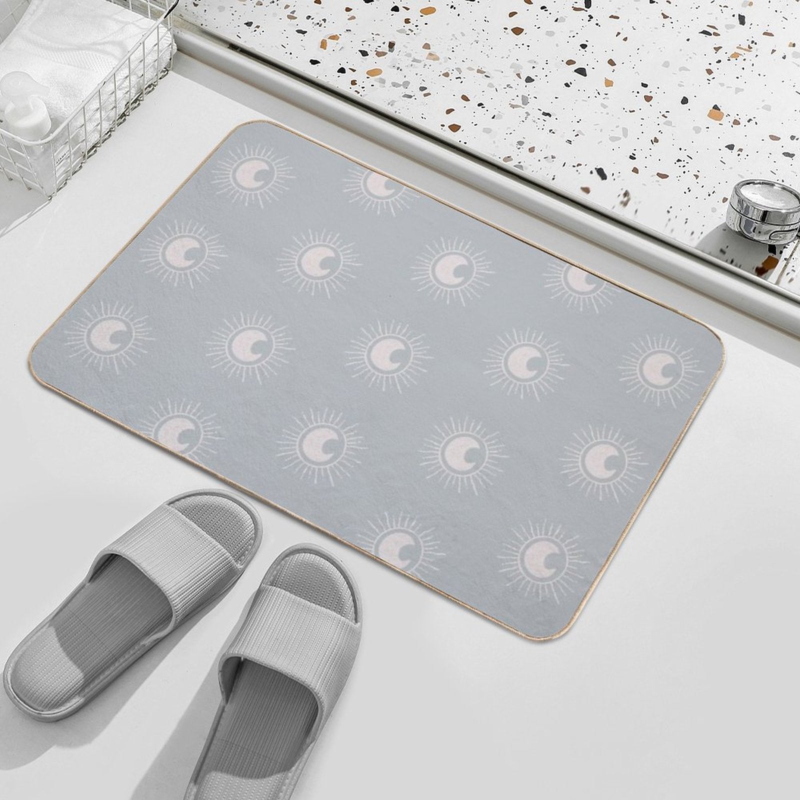 Boho Sun And Moon Pattern Bohemian Aesthetic In Muted Colors Muted Teal  Long-Lasting Bath Mat