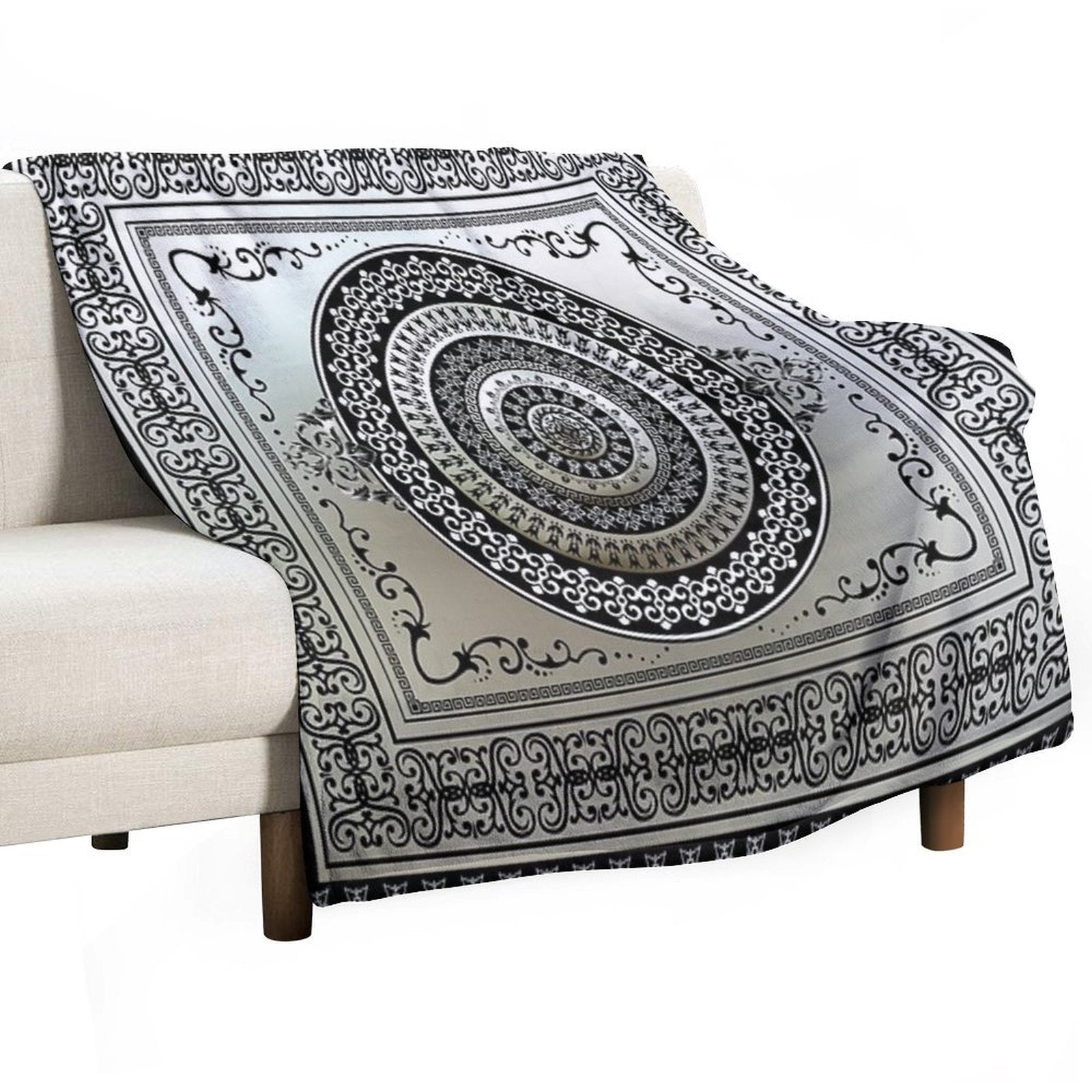 Ornate Greek Key Medallion Silver And Black Eco-conscious Throw Blanket