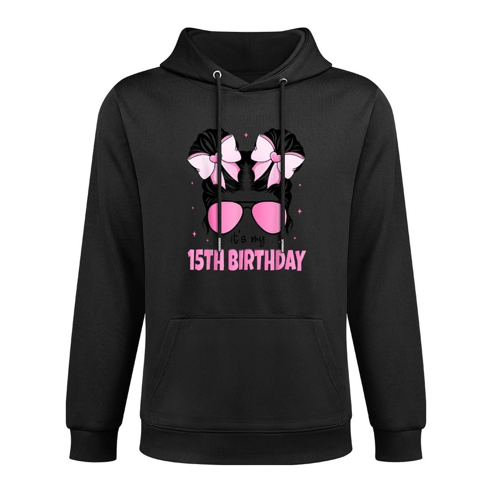 It's My 15th Birthday 15 Years Old Girls Bday Messy Bun Bow Kangaroo Pocket Hoodie