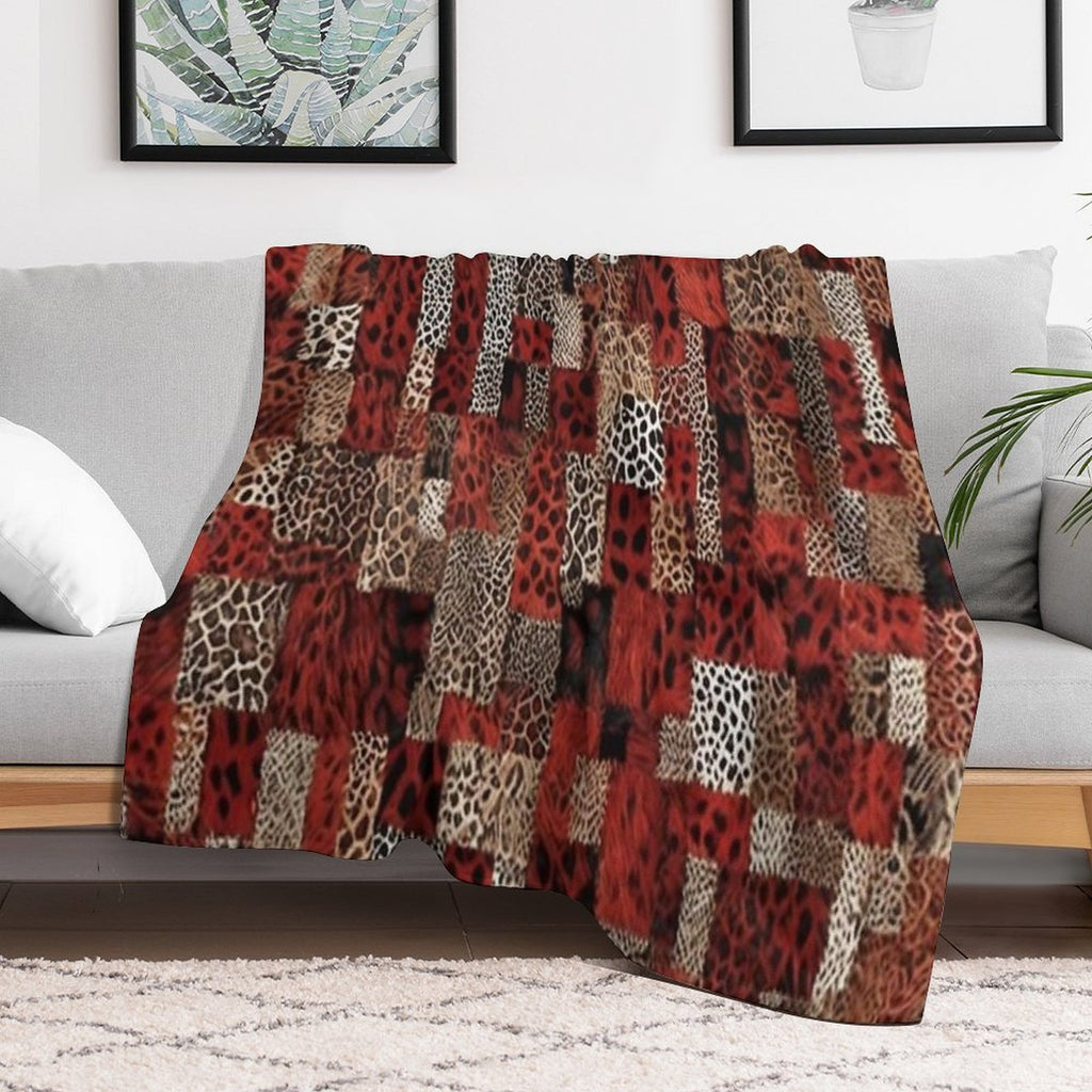 Abstract Red Faux Fur Patchwork Pattern Anti-pilling Throw Blanket