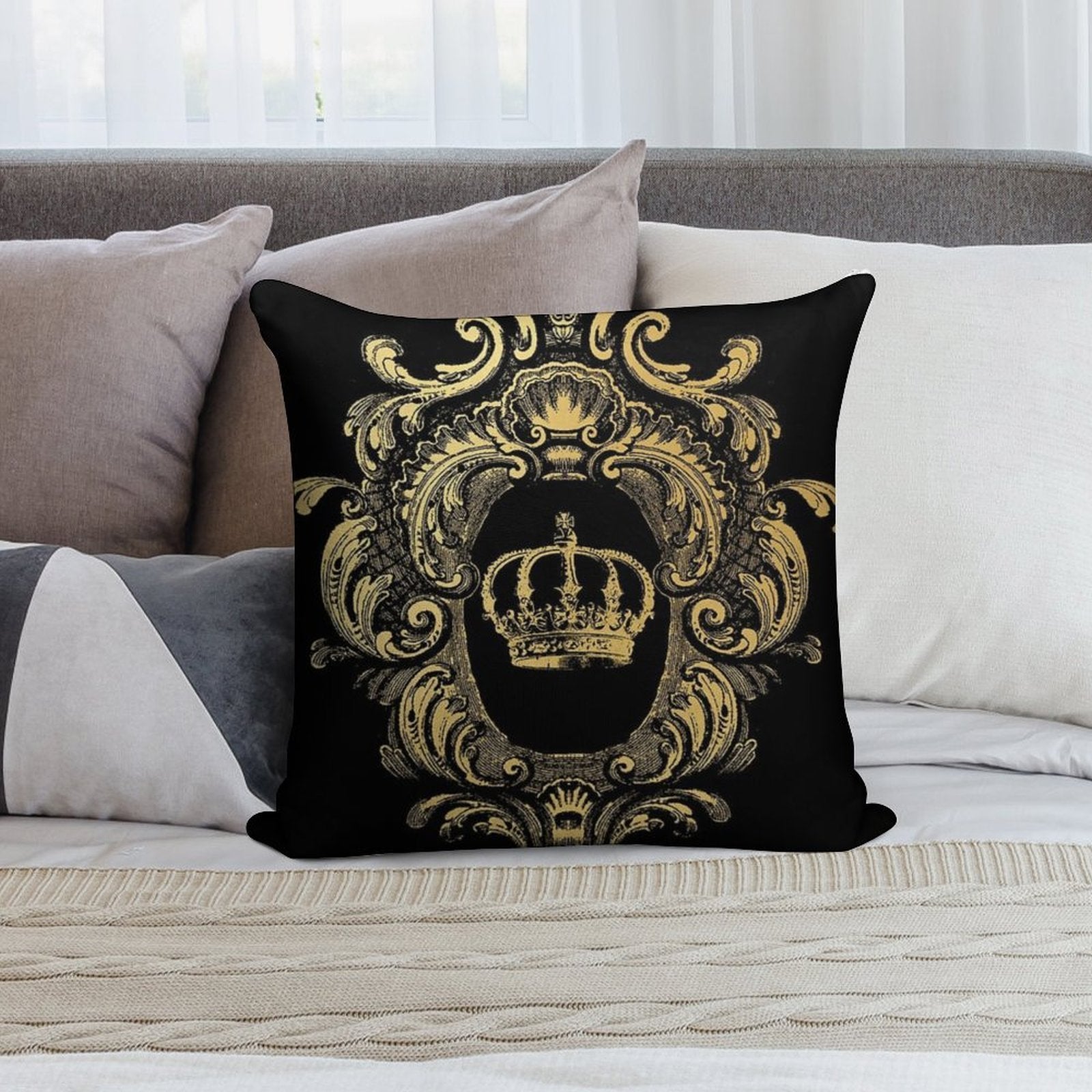 Ornate Gold Crown Black Soft Reinforced Edging Throw Pillow