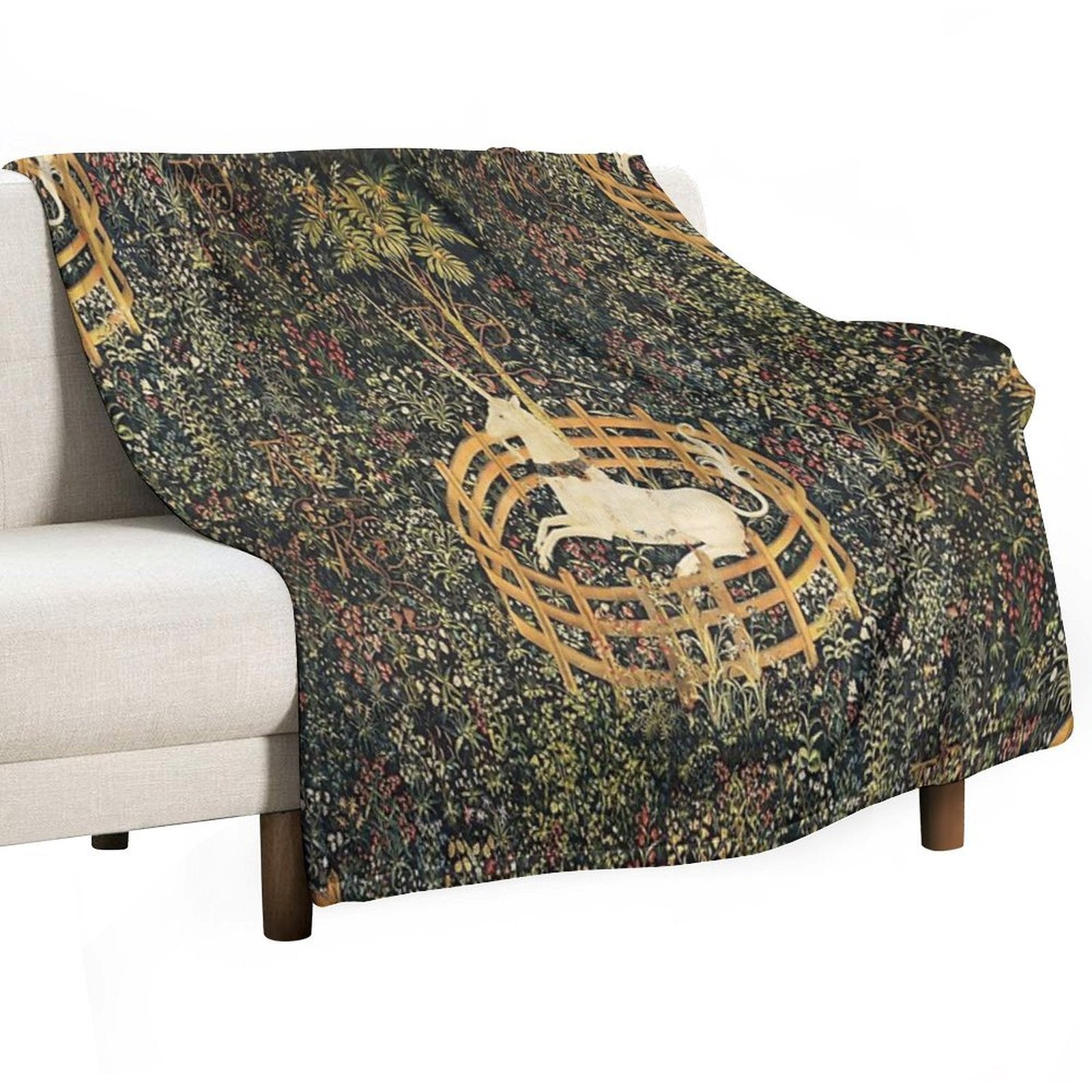 UNICORN IN CAPTIVITY AND GOTHIC FANTASY FLOWERS, GREEN FLORAL MOTIFS Travel-friendly Throw Blanket
