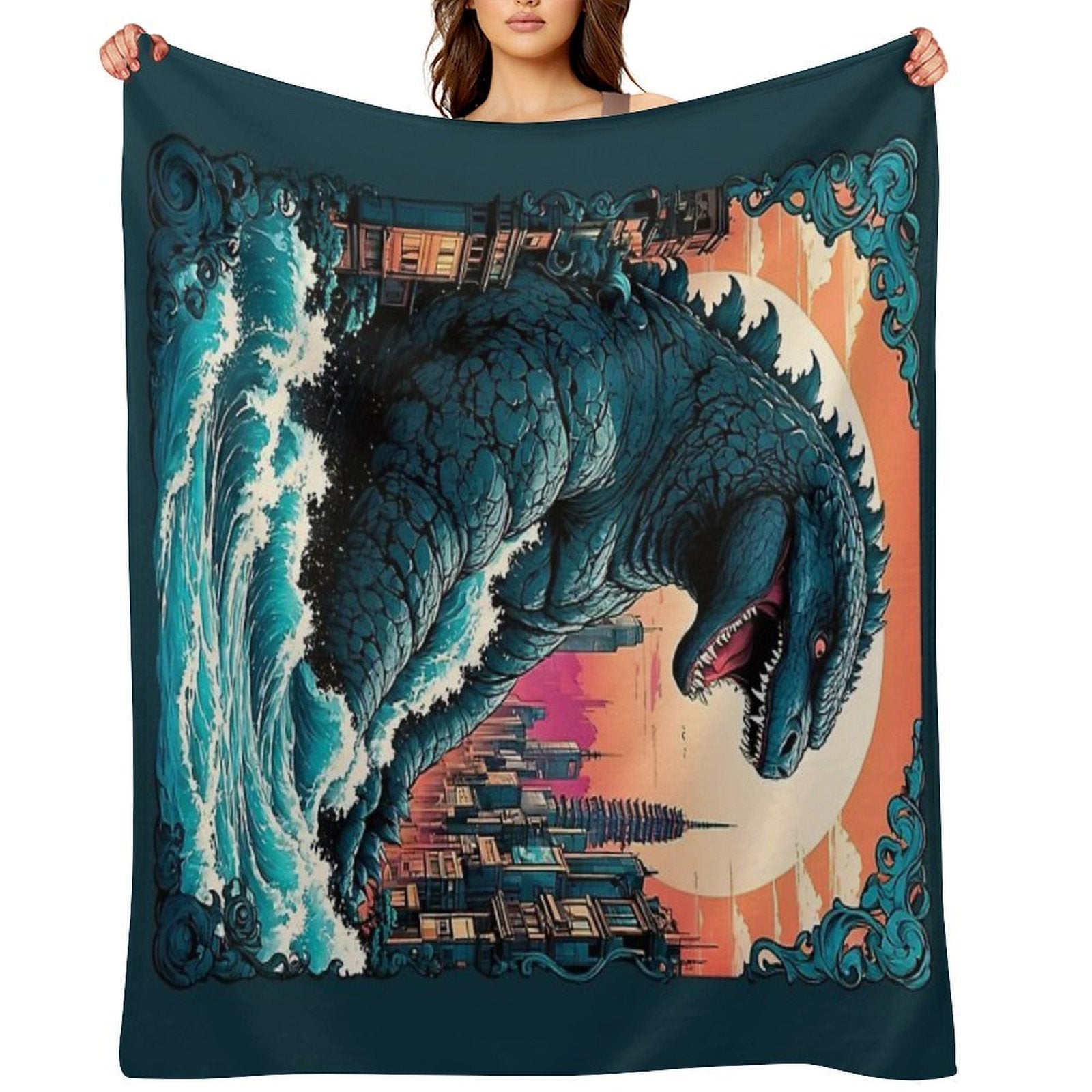 Godzilla Gojira Tokyo City Retro Vintage Ornamental Design Durable Throw Blanket