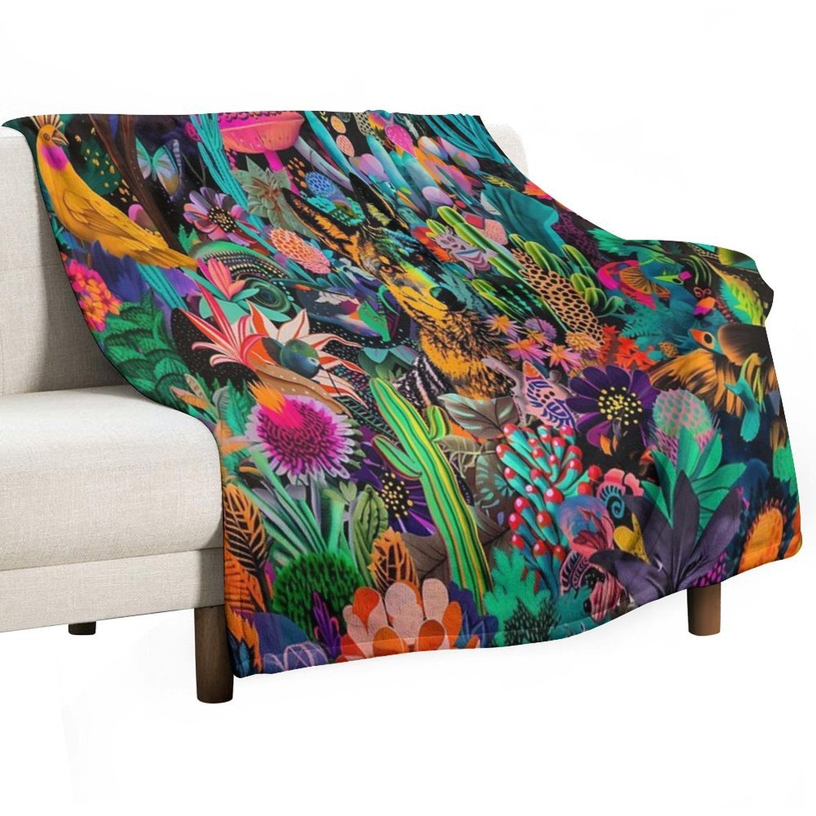Vibrant Coyote Collage Art in A Botanical Wonderland Versatility Throw Blanket