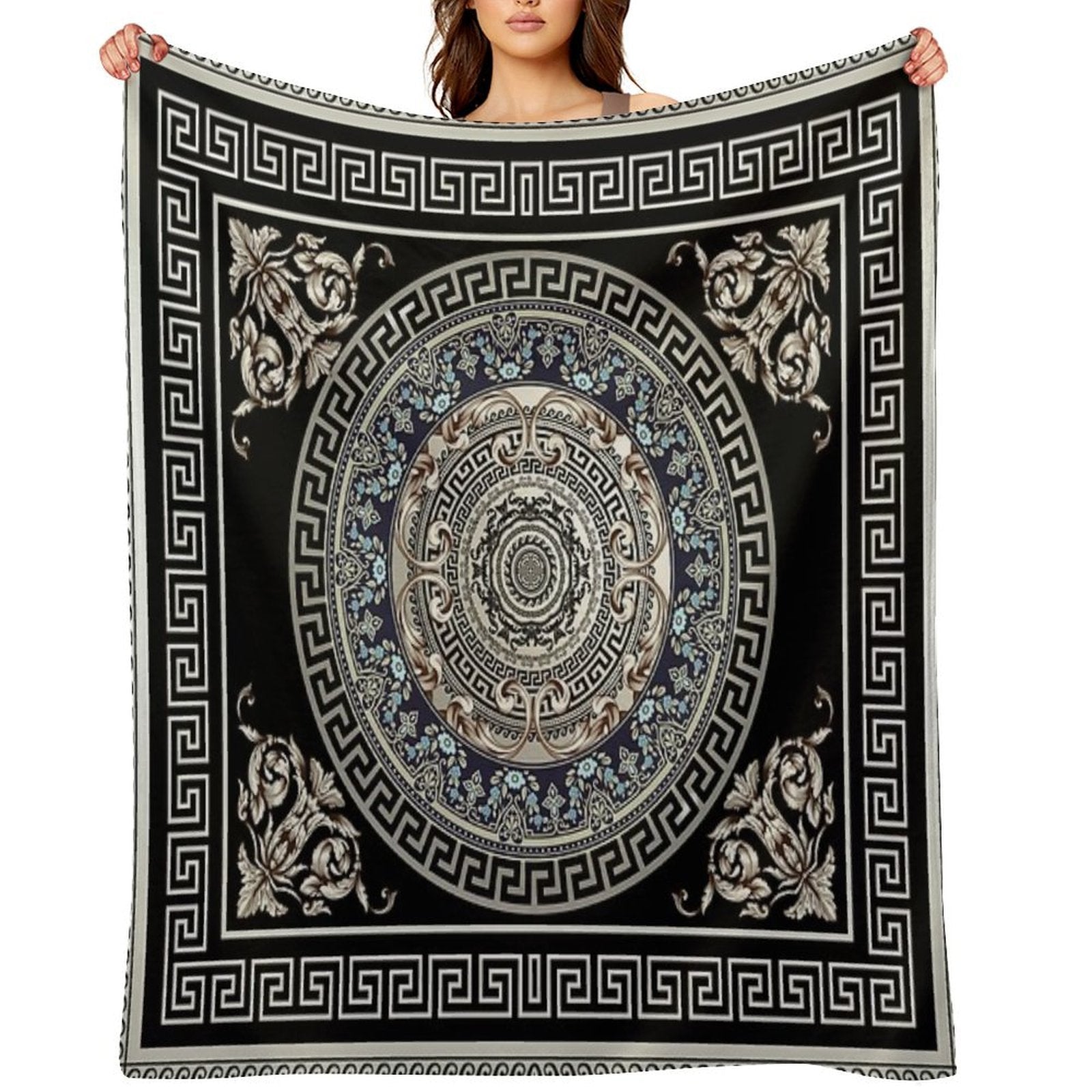 Greek Key Meander Cream Blue Black Medallion Ornate Baroque Versatility Throw Blanket