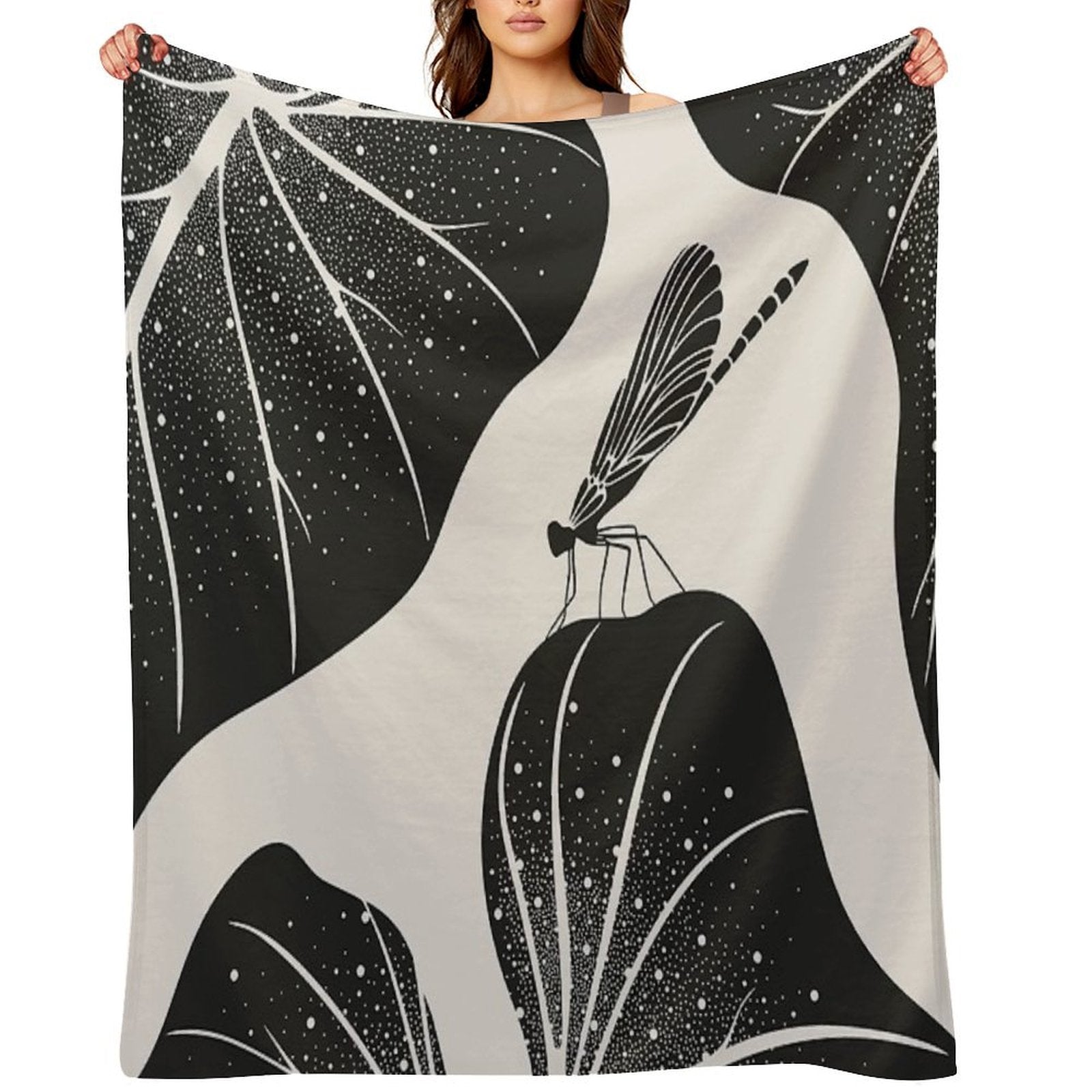 Dragonfly on Leaf with Water Drops, Minimalist Illustration Anti-pilling Throw Blanket