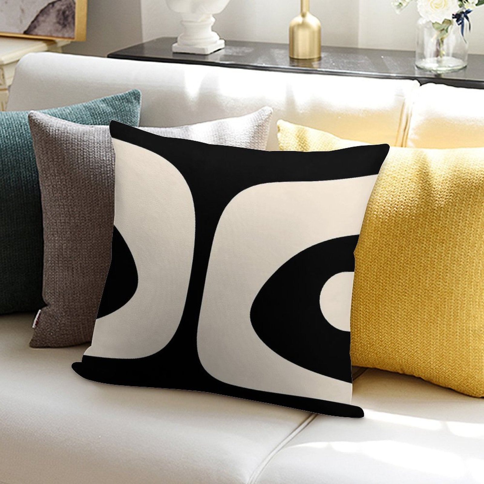 Retro Piquet Mid Century Modern Abstract Pattern 2 in Black And Almond Cream Soft Luxury Feel Throw Pillow