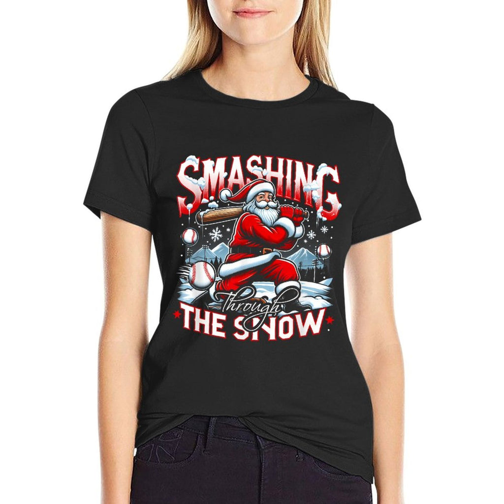Baseball Player Christmas Santa Smashing Through Snow Comfortable T-Shirt