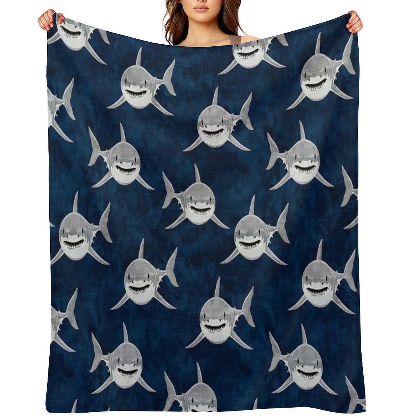 Sharks! - Dark Blue Sustainable Throw Blanket