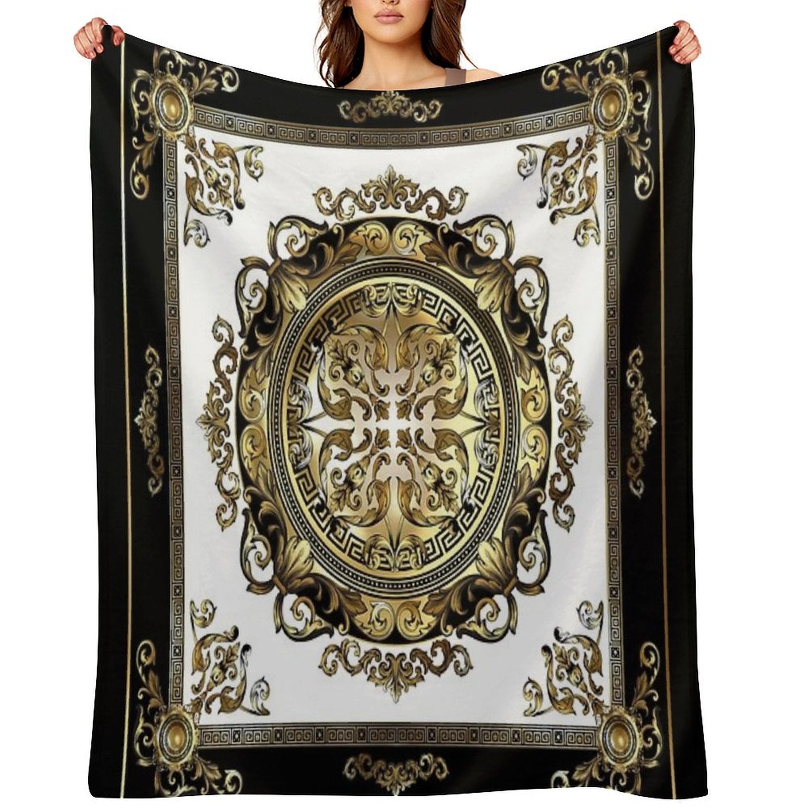 Ornate Baroque White Gold Black Greek Key Meander Compact Throw Blanket