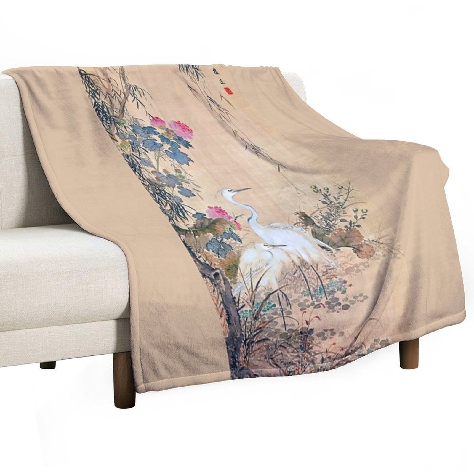 Egrets, Peonies, And Willows (Restored Japanese Artwork) Machine-washable Throw Blanket