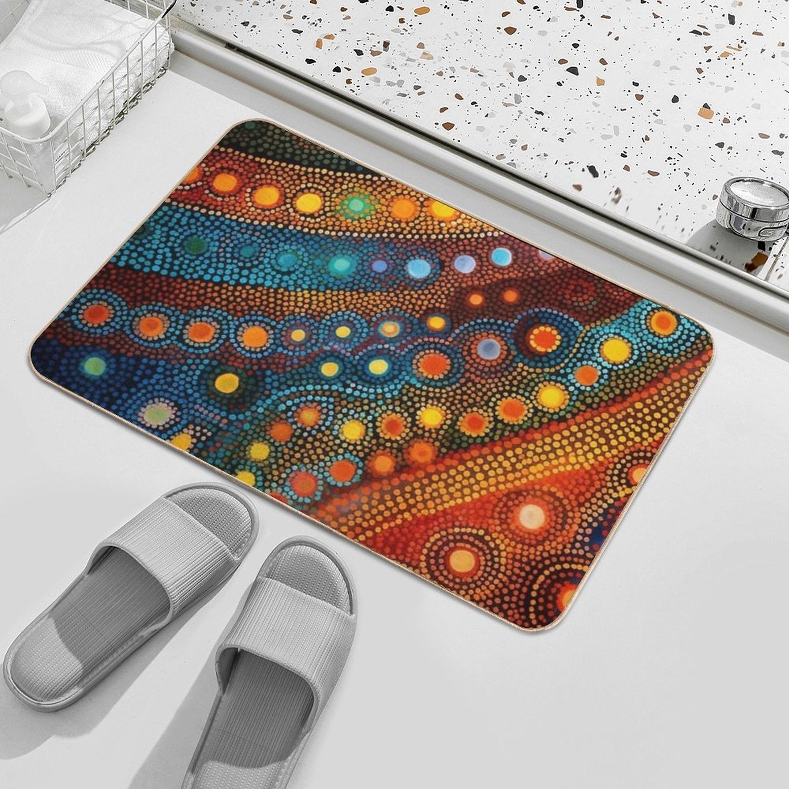 Aboriginal Authentic Art - Circular Paths  Slip-Resistant Bath Mat