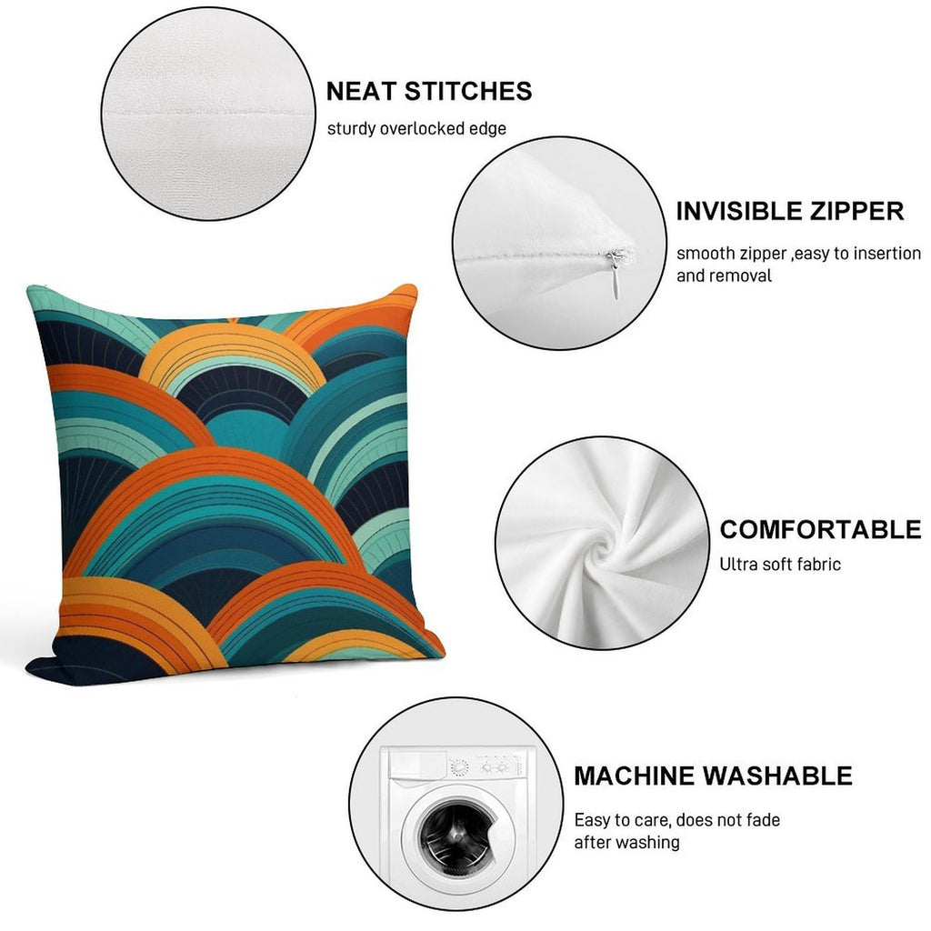 Mid-Century Dreamscape Teal And Orange Curved Lines Pattern Soft Shrink-Resistant Throw Pillow