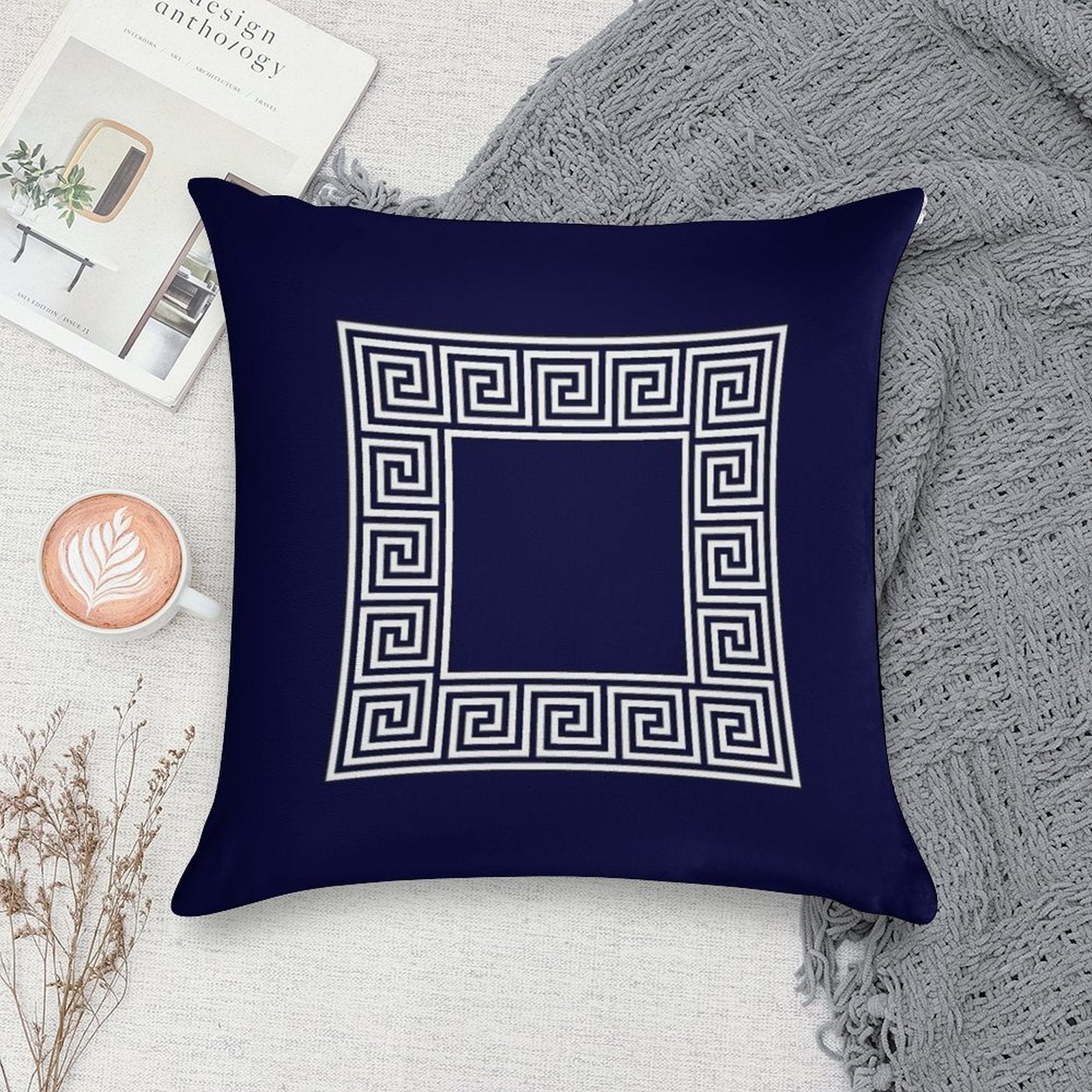 Navy Blue Greek Key Meander Square Soft Luxury Feel Throw Pillow