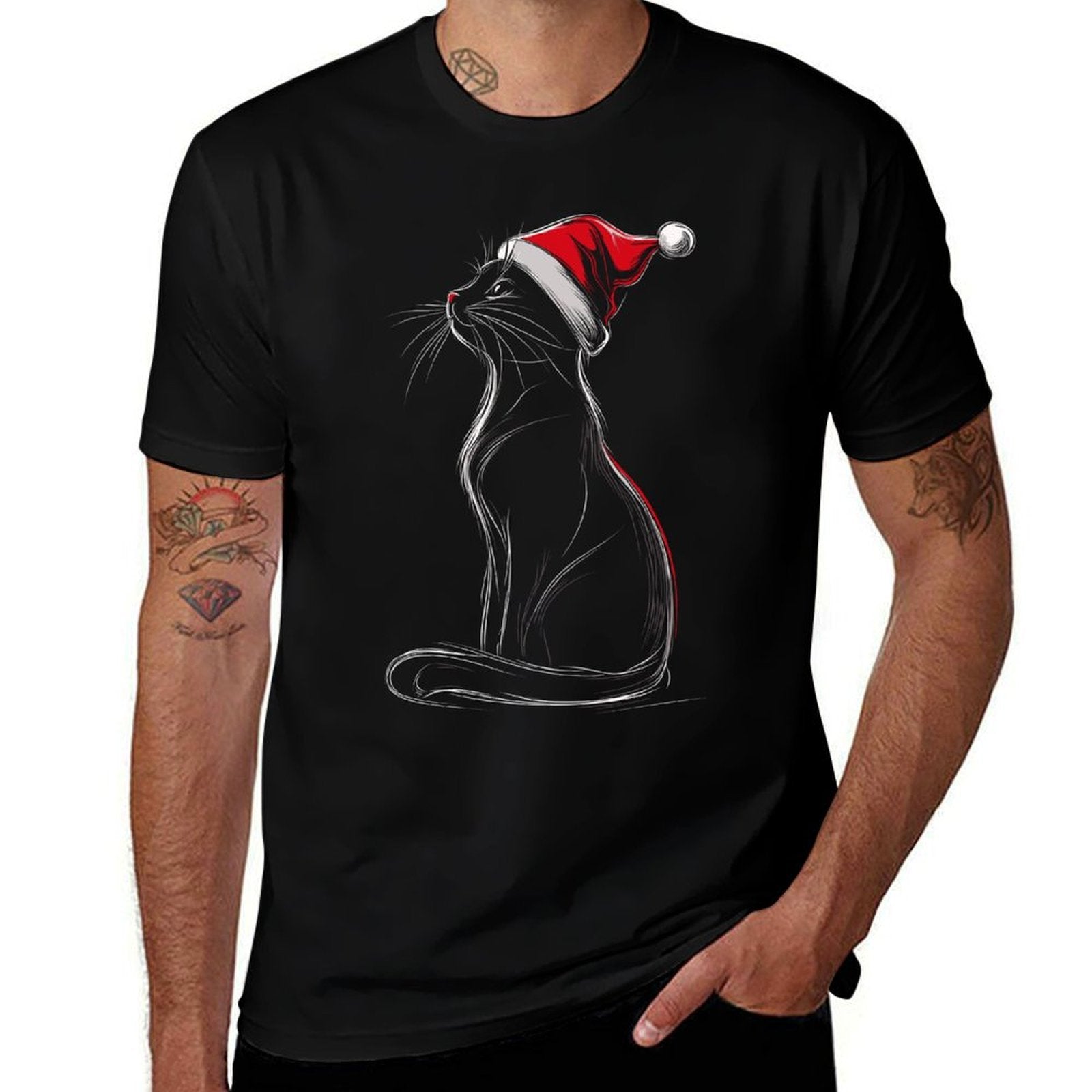 Black Cat Santa Hat Christmas Xmas Kitten  Relaxed-fit T-Shirt