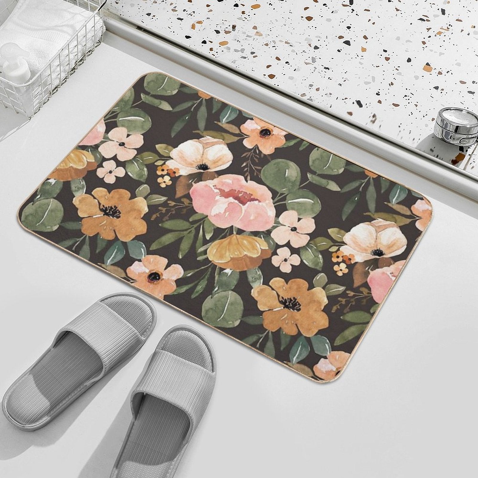 Boho Floral, Moody Floral, Blush Pink Watercolor Flowers, Vintage Floral Decor  High-Traffic Bath Mat
