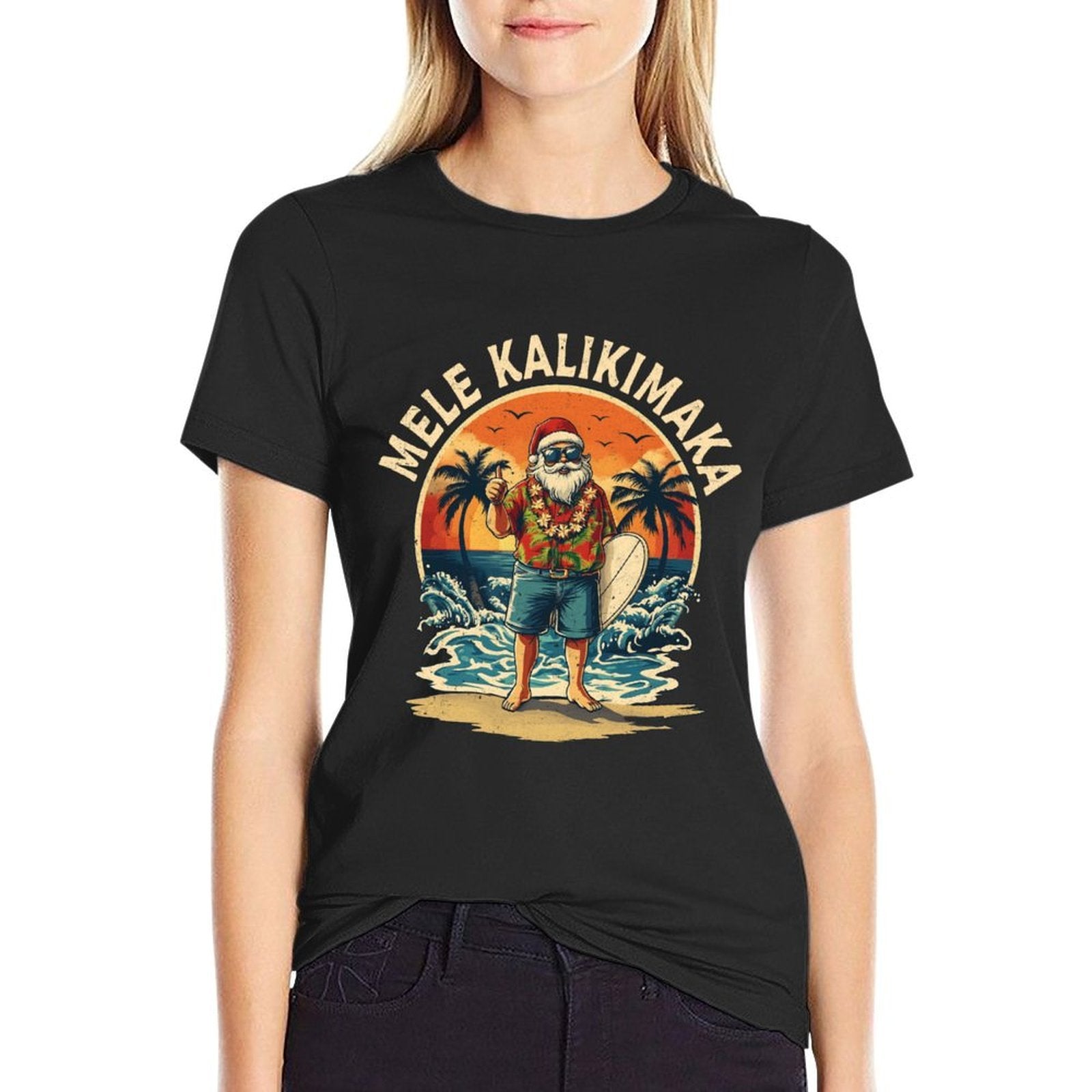 Retro Christmas Surf Mele Kalikimaka Santa Claus Hawaii  Lightweight T-Shirt