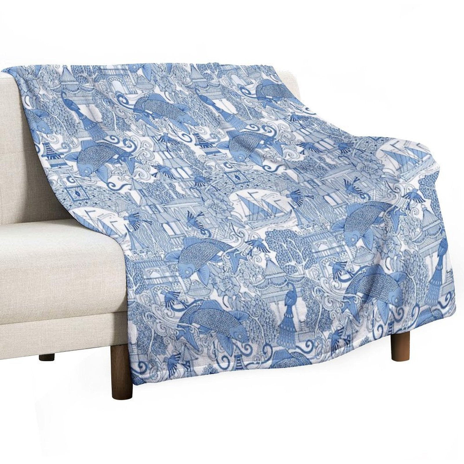 Chinoiserie Toile Blue Anti-pilling Throw Blanket