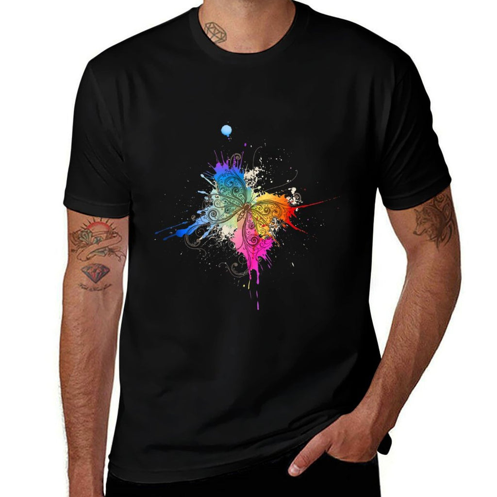 Colorful, Abstract Butterfly Artwork Design  Ribbed Collar T-Shirt