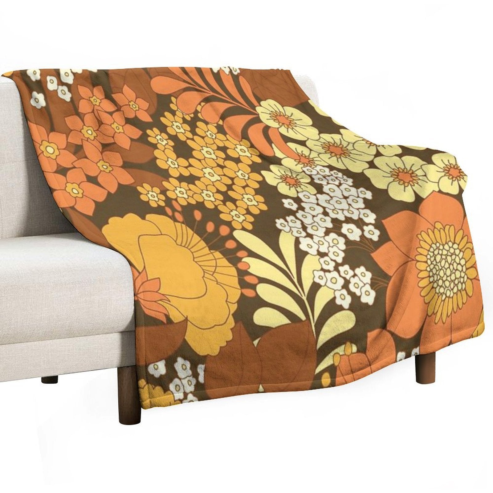 Brown, Yellow, Orange & Ivory Retro Flowers Premium Throw Blanket
