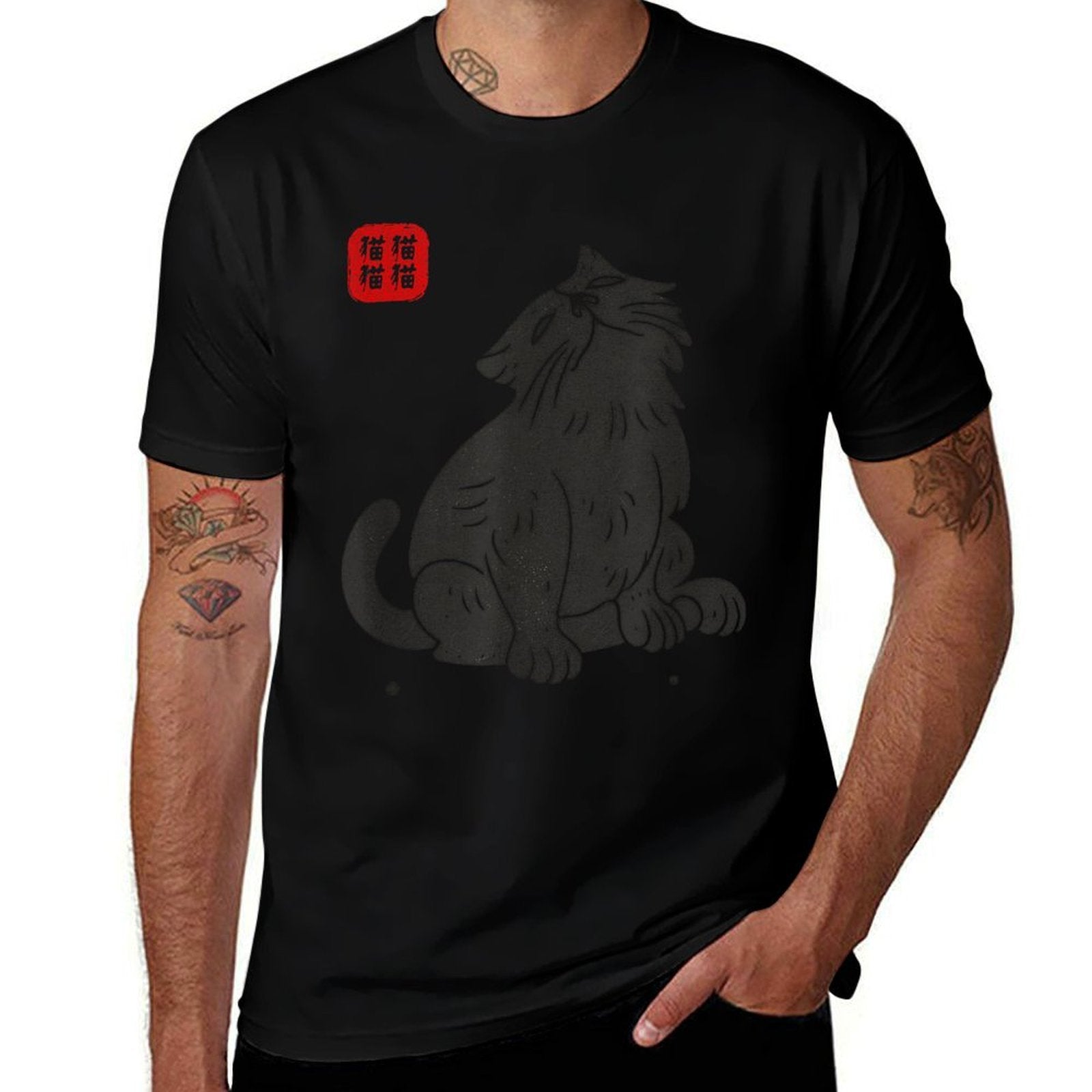 Happy Cat Vintage Japanese Art  Oversized Silhouette T-Shirt