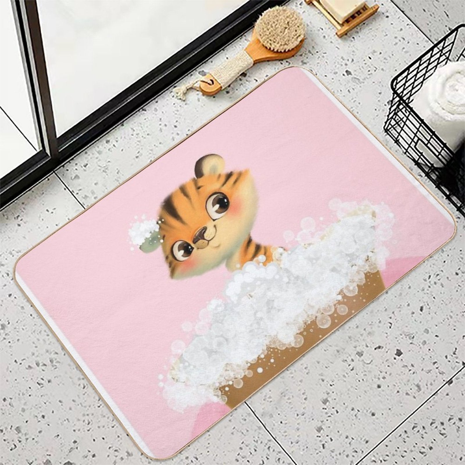 Cute Baby Tiger in A Bathtub, Girls Bathroom Print, Baby Animals in Tub, Whimsy Animal, Kids Bathroom Art  Easy Maintenance Bath Mat
