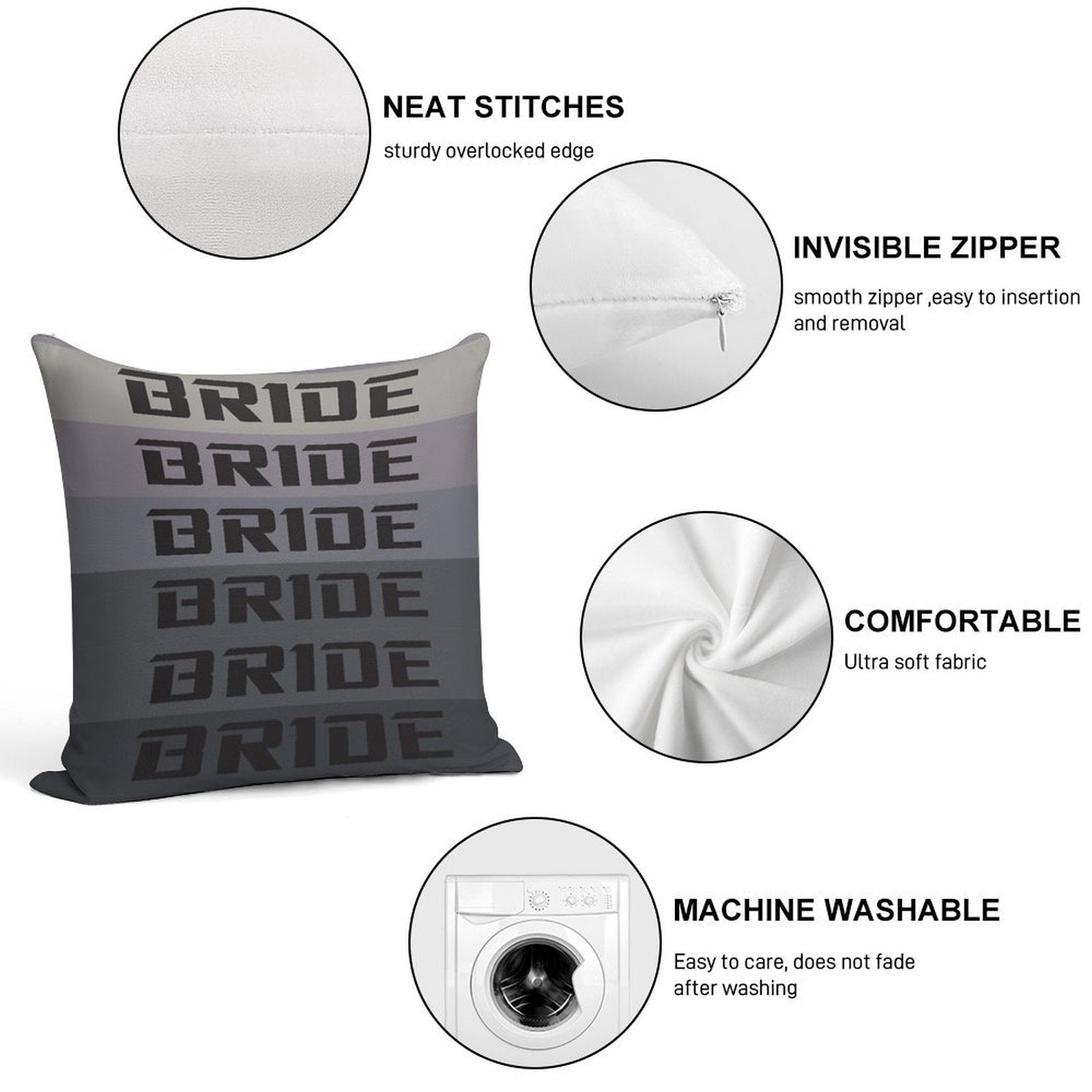 BRIDE JDM MATERIAL Soft Hidden Zipper Throw Pillow