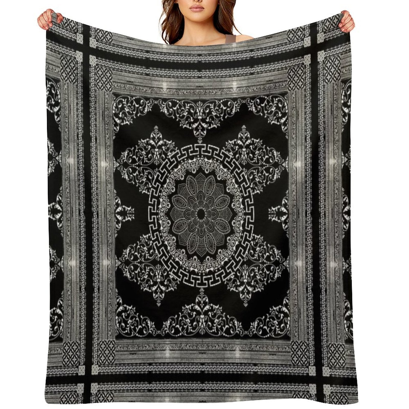 Ornate Baroque White Black Intricate Greek Key Border Versatility Throw Blanket