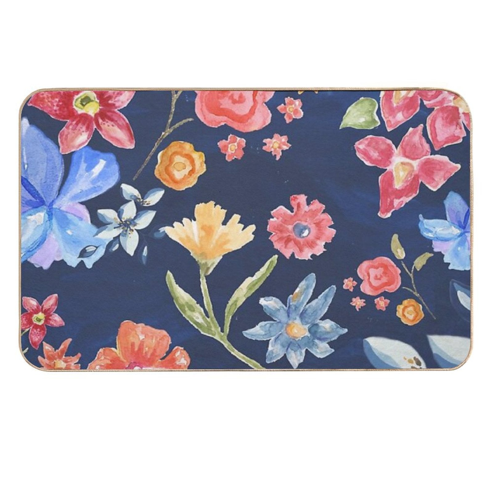 Navy Blue with Colorful Flowers  Whimsical  Fun  Floral Design  Repositionable Bath Mat