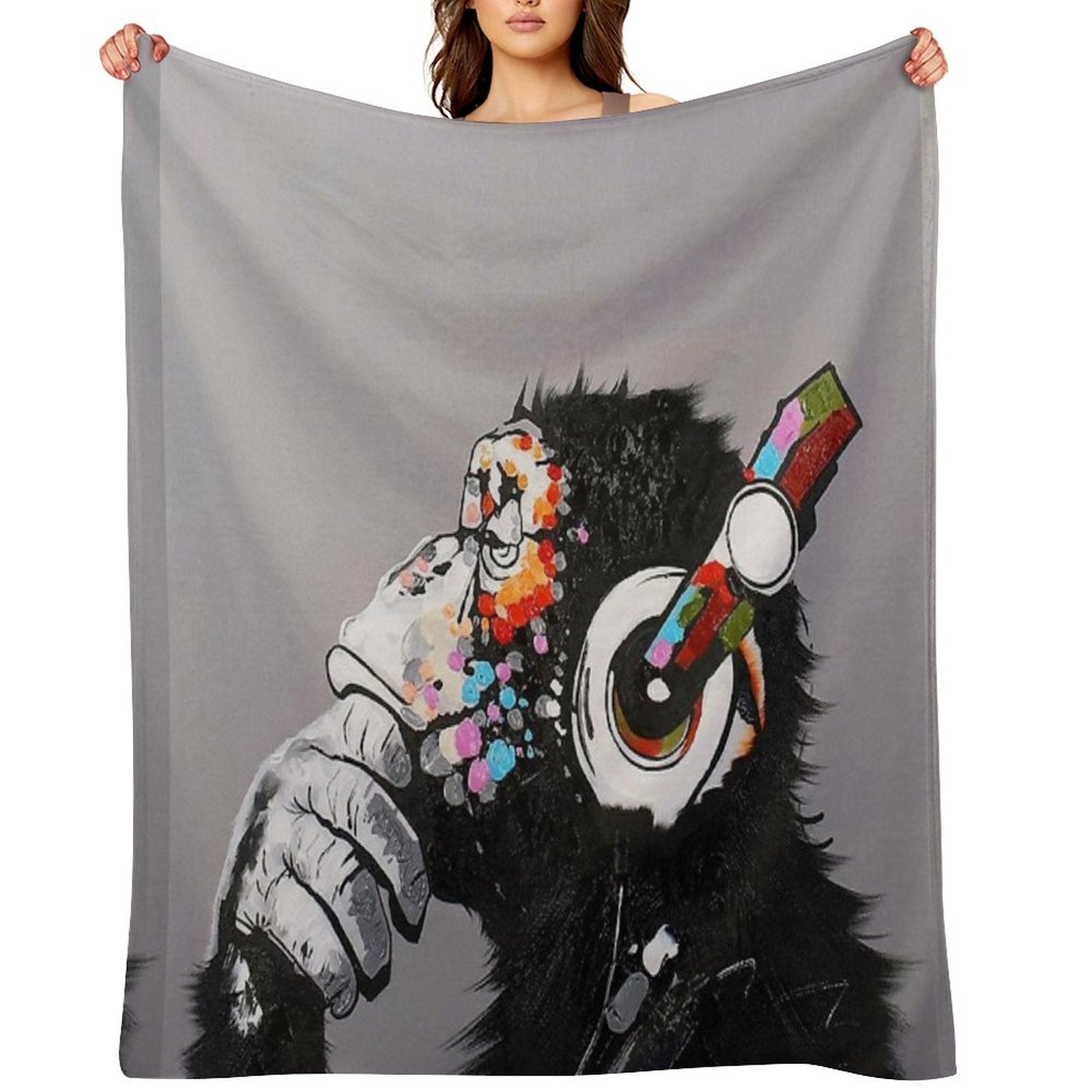 DJ Monkey With Headphones Thinking - Thinker Chimp Multi-functional Throw Blanket