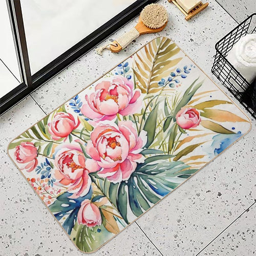 Beautiful Flower And Plant in Loose Watercolor Painting - Monstera Leaves- Blue Purple Peach Hydrangea, Hortensia, Peony And Ros  Non-Slip Bath Mat