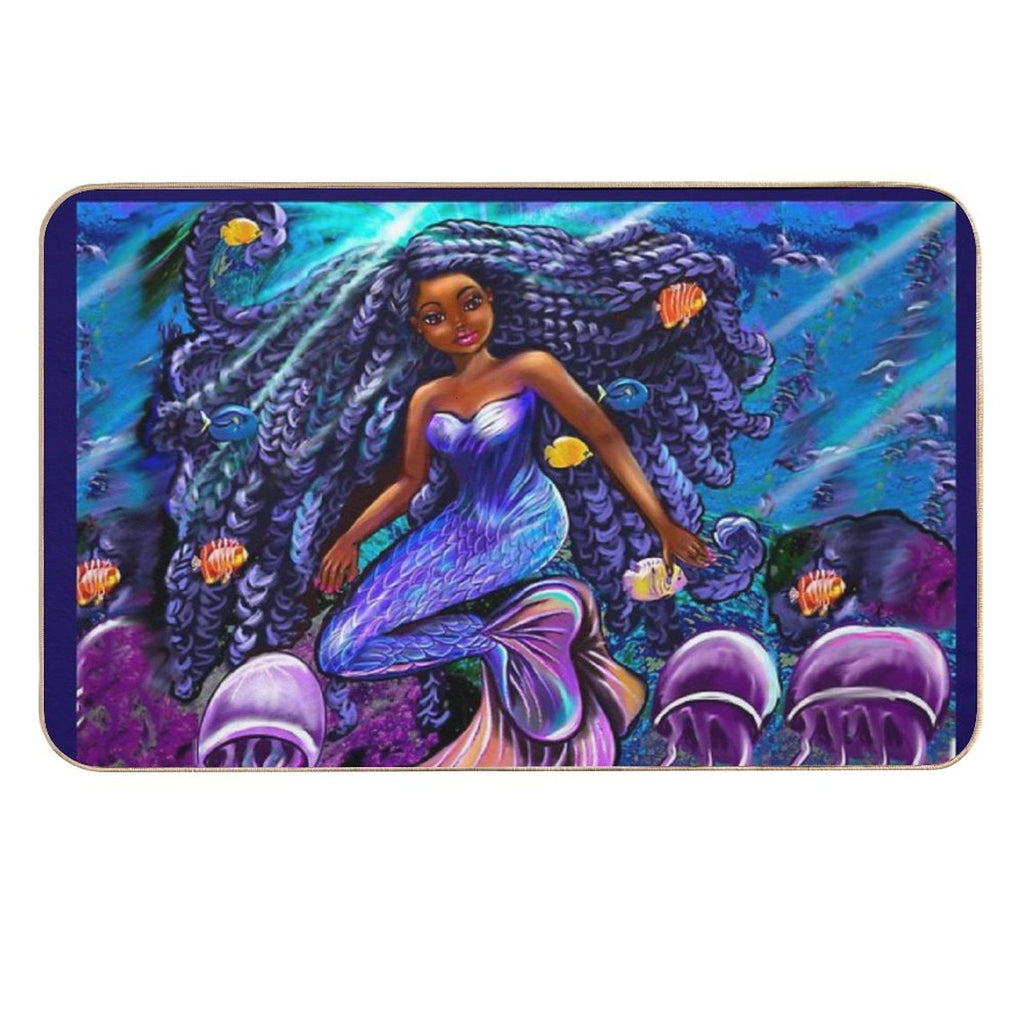 Mermaid Underwater with Flowing Shimmering Blue Black Braids 2 Fish And Jelly Fish  , Brown Eyes Curly Afro Hair And Caramel Bro  Toxin-Free Bath Mat