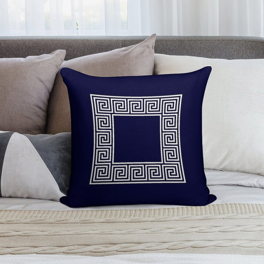 Navy Blue Greek Key Meander Square Soft Luxury Feel Throw Pillow