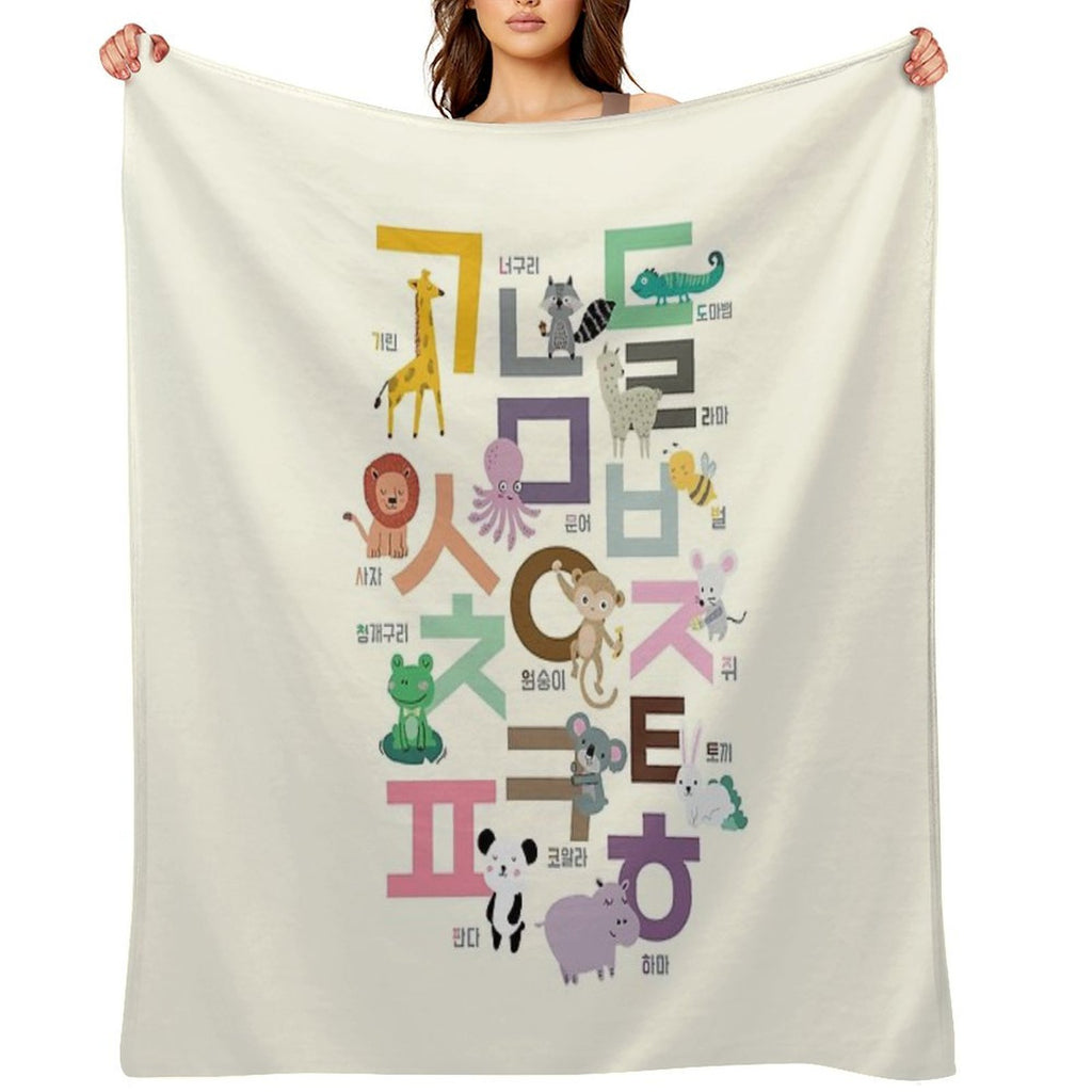 Korean Alphabet, Learning Hangul, Handdrawn Animal Illustrations Versatility Throw Blanket